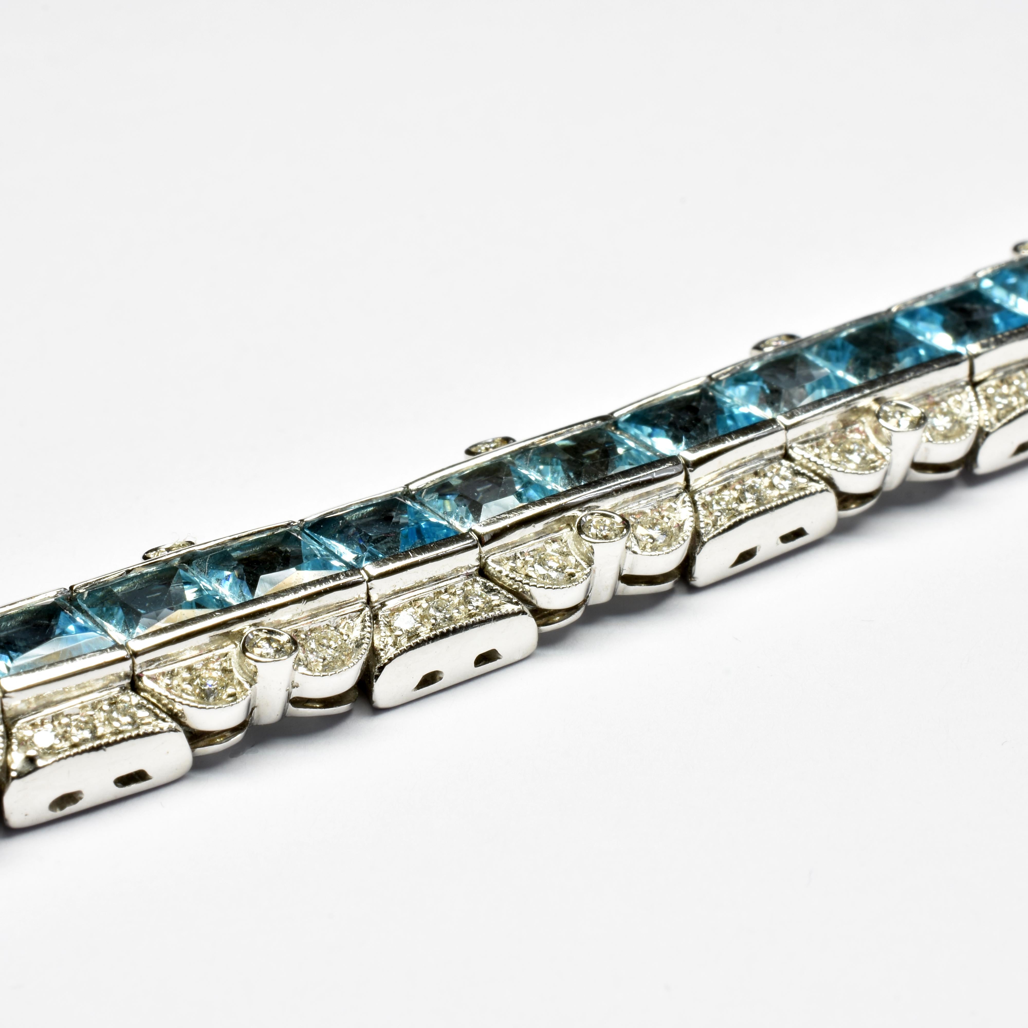 Princess Cut Blue Topaz and Diamonds Gold Bracelet, Italy For Sale 3