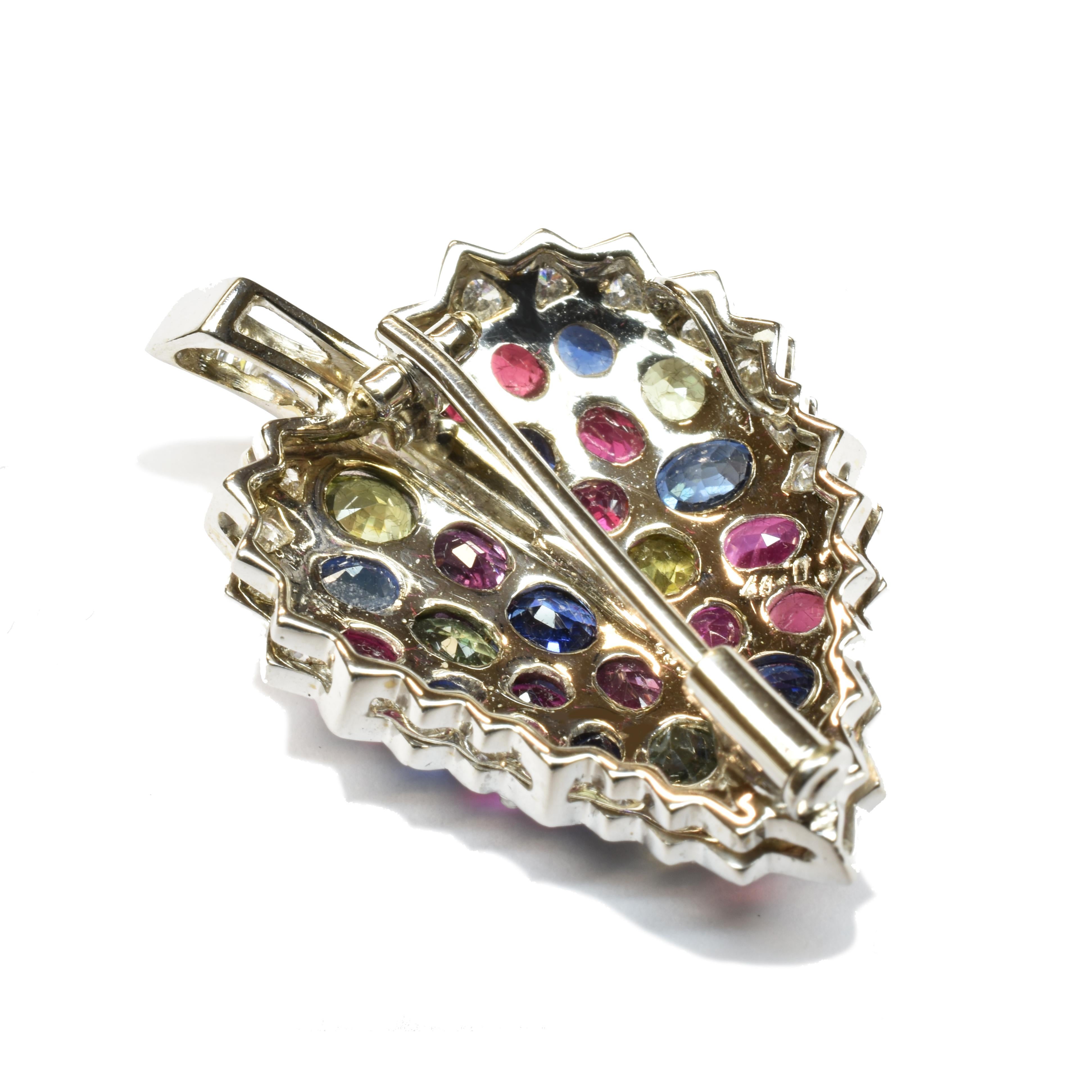 Women's Rainbow Sapphires and Diamonds Gold Leaf Pendant Made in Italy For Sale