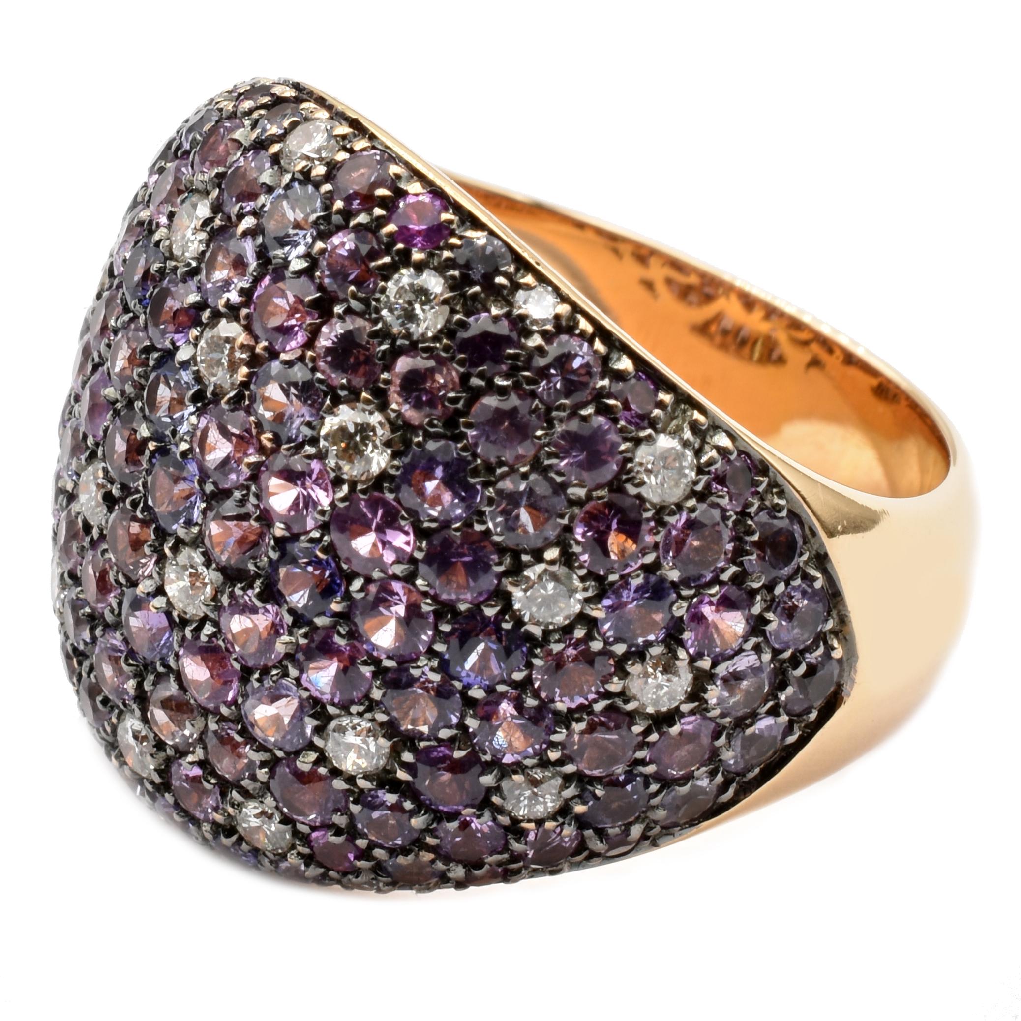 Gilberto Cassola 18Kt Rose Gold Ring with Multi Color Rainbow Sapphires  set on Black Rhodium Plated 18Kt Gold. Some White Diamonds spots on Sapphires Pavé .
Beautiful Hearts Inlays inside the ring.
Handmade in our Atelier in Valenza (AL).
18Kt Rose