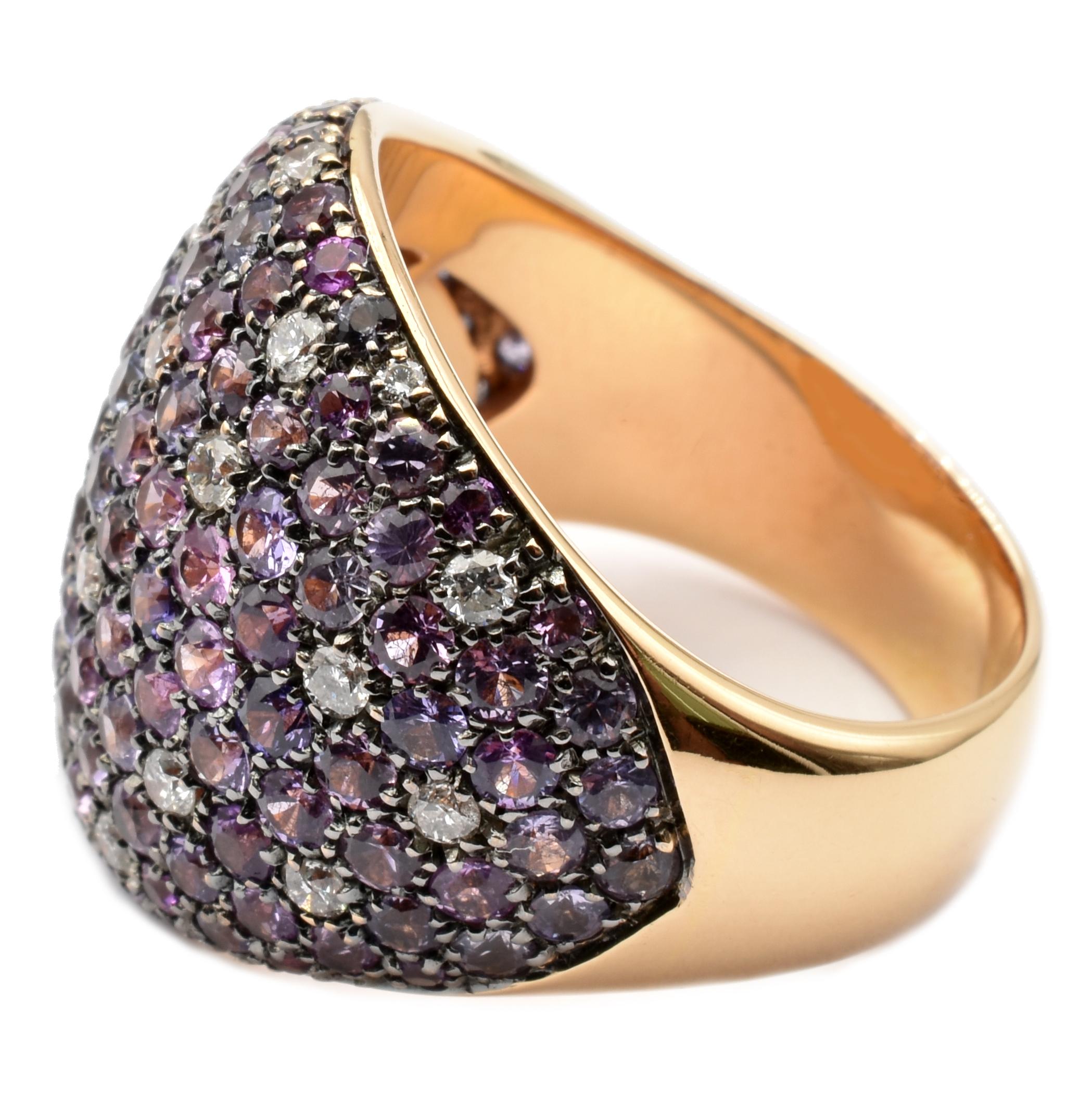 Round Cut Gilberto Cassola Rainbow Sapphires and Diamonds Rose Gold Ring Made in Italy For Sale