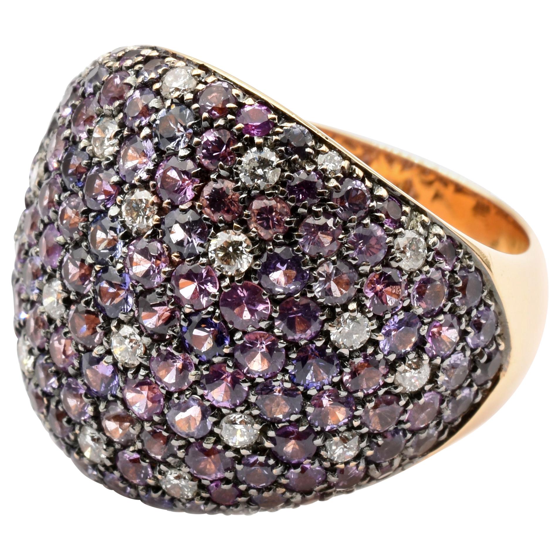 Ring aus Roségold mit Regenbogen-Saphiren und Diamanten von Gilberto Cassola, hergestellt in Italien