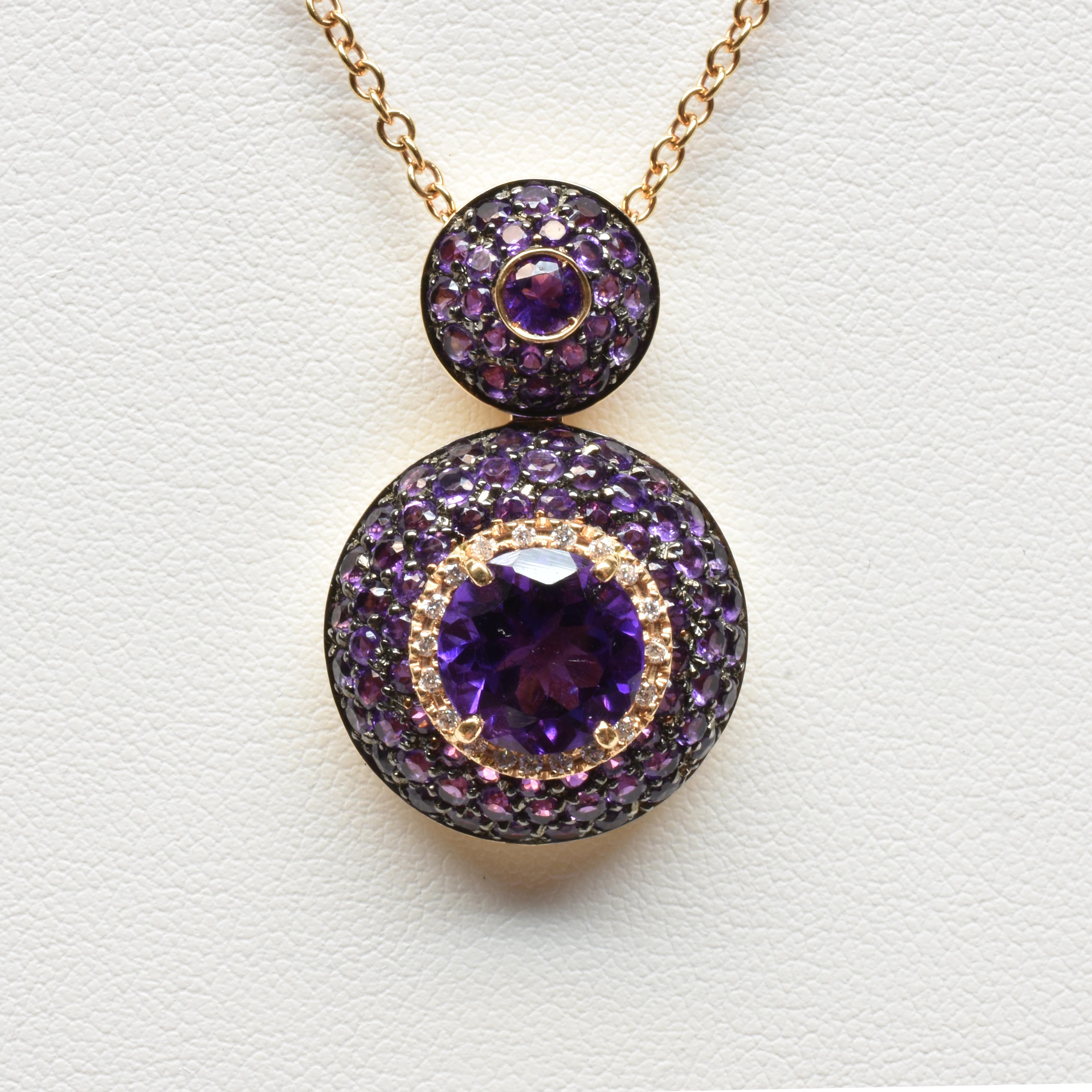 Contemporary Round Amethyst and Diamonds Gold Round Pendant Made in Italy For Sale