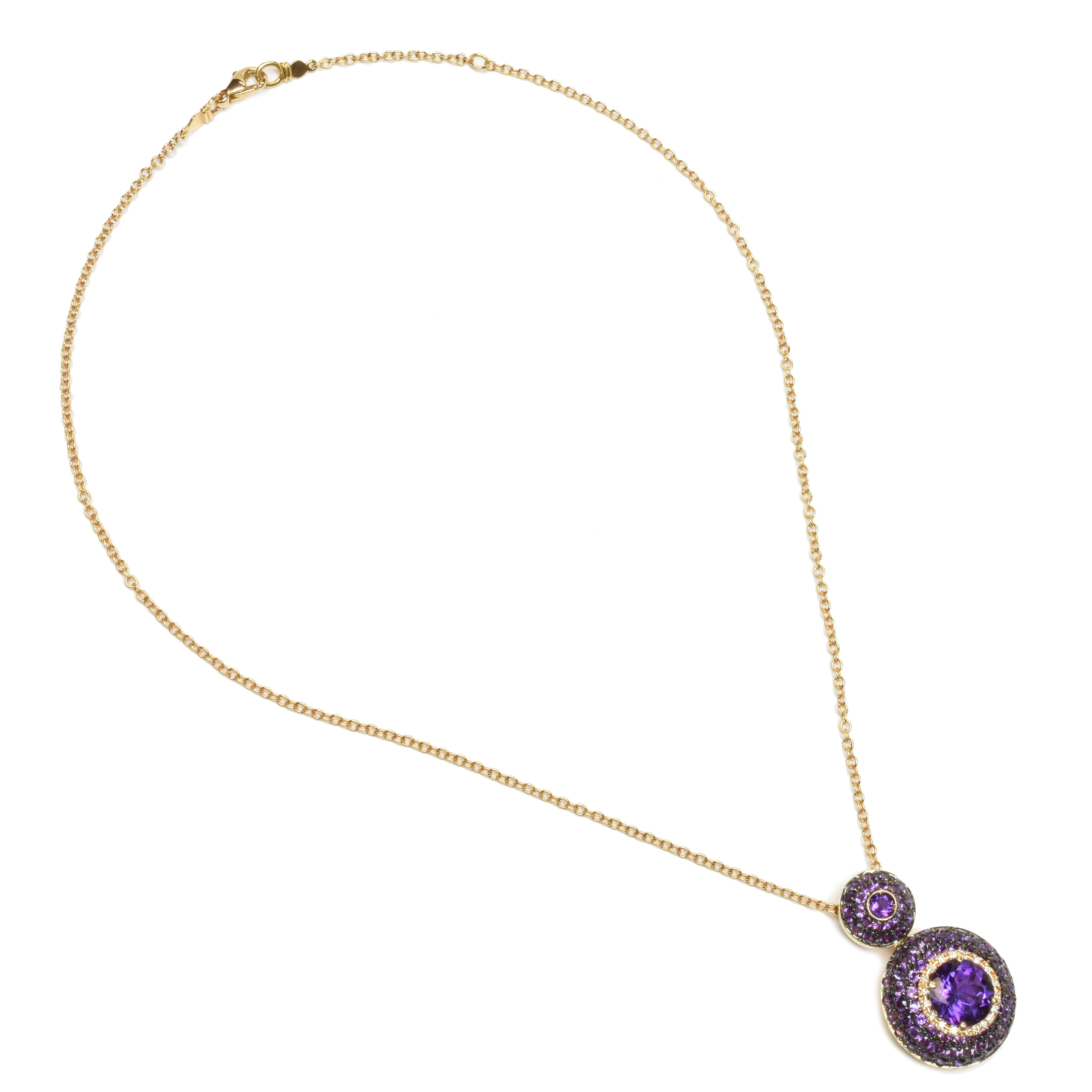 Baguette Cut Round Amethyst and Diamonds Gold Round Pendant Made in Italy For Sale