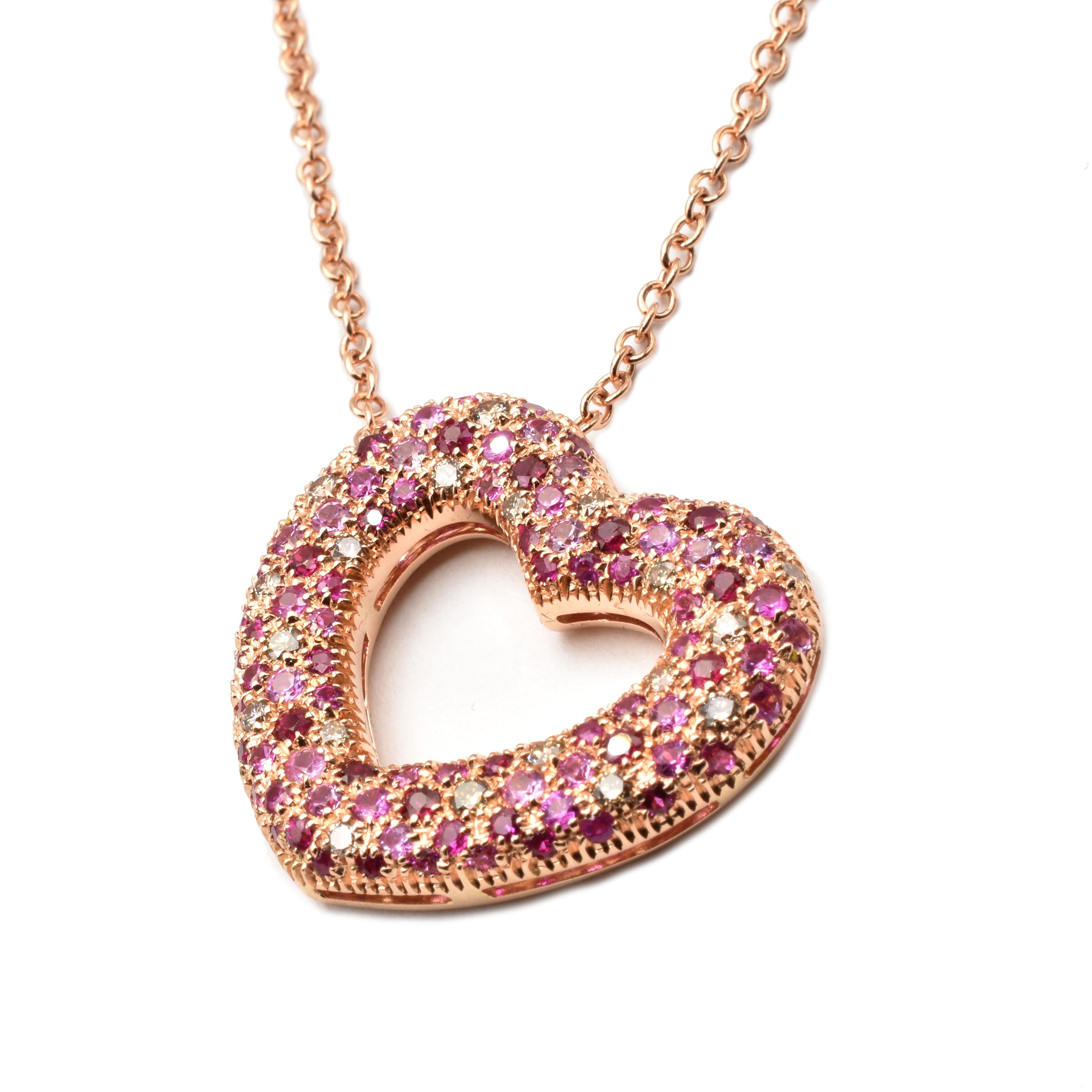 Gilberto Cassola Rubine und Diamanten Rose Gold Herz Anhänger Halskette (Rundschliff) im Angebot