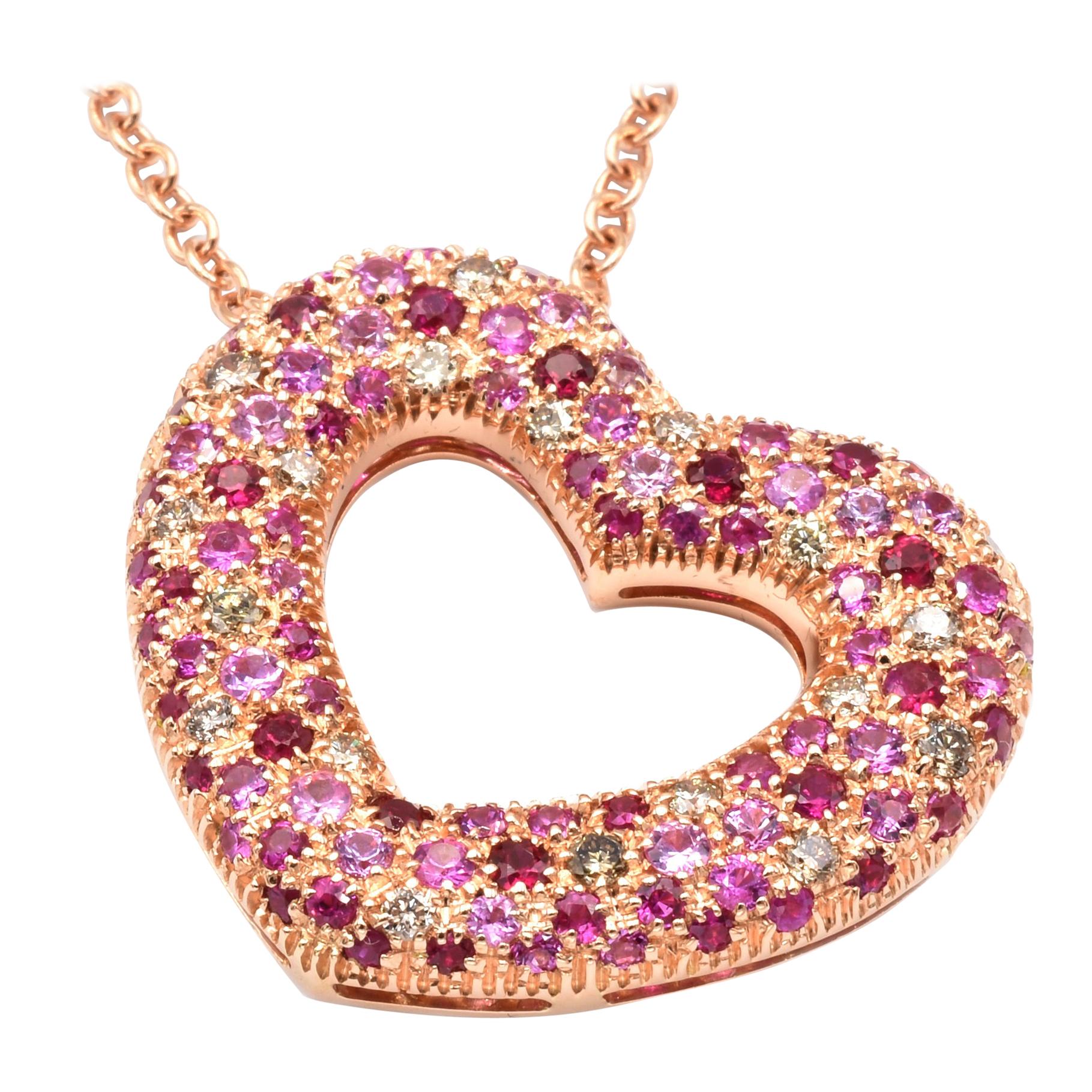 Gilberto Cassola Rubine und Diamanten Rose Gold Herz Anhänger Halskette im Angebot