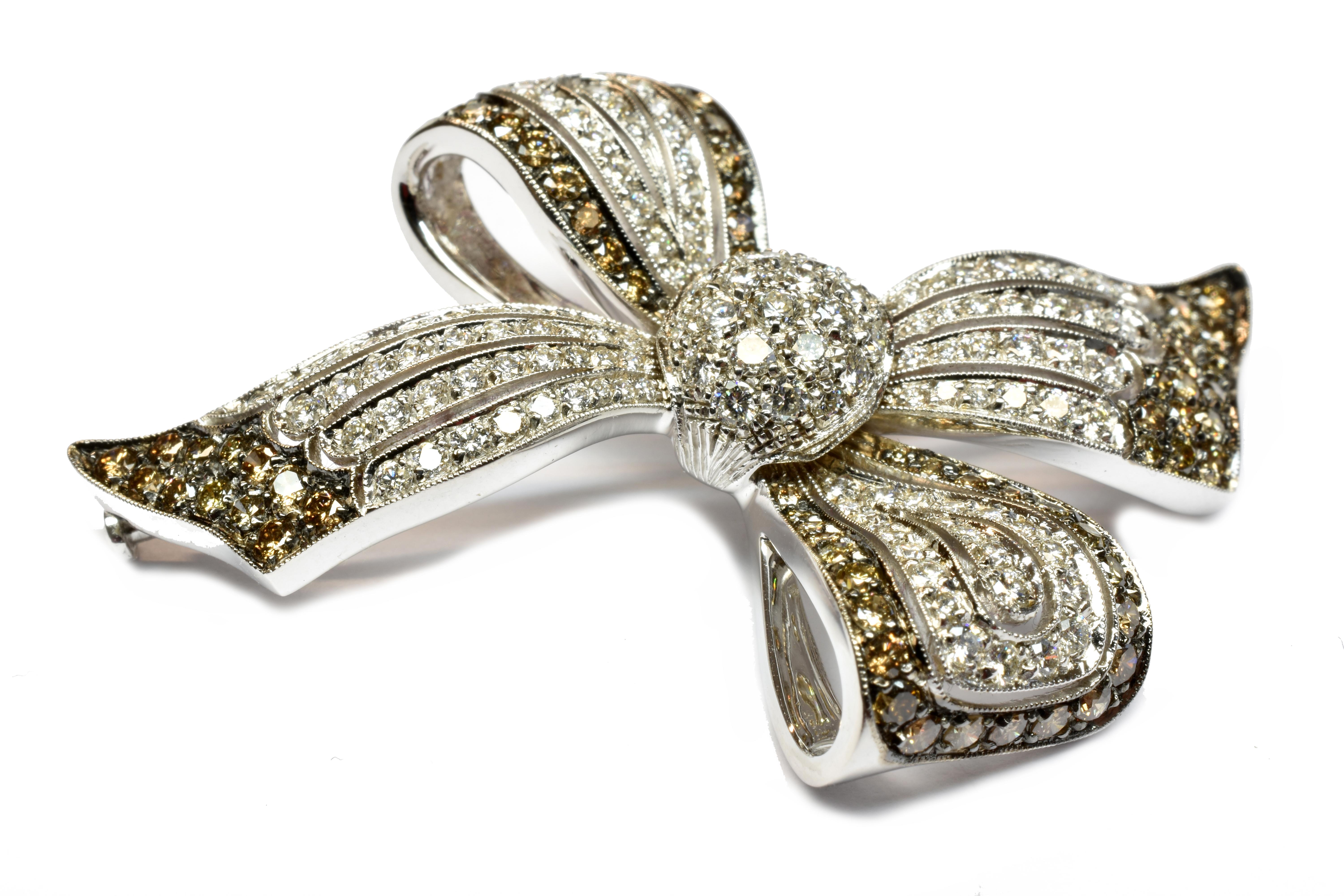 Contemporary White and Champage Diamonds Gold Bow Brooch Made in Italy