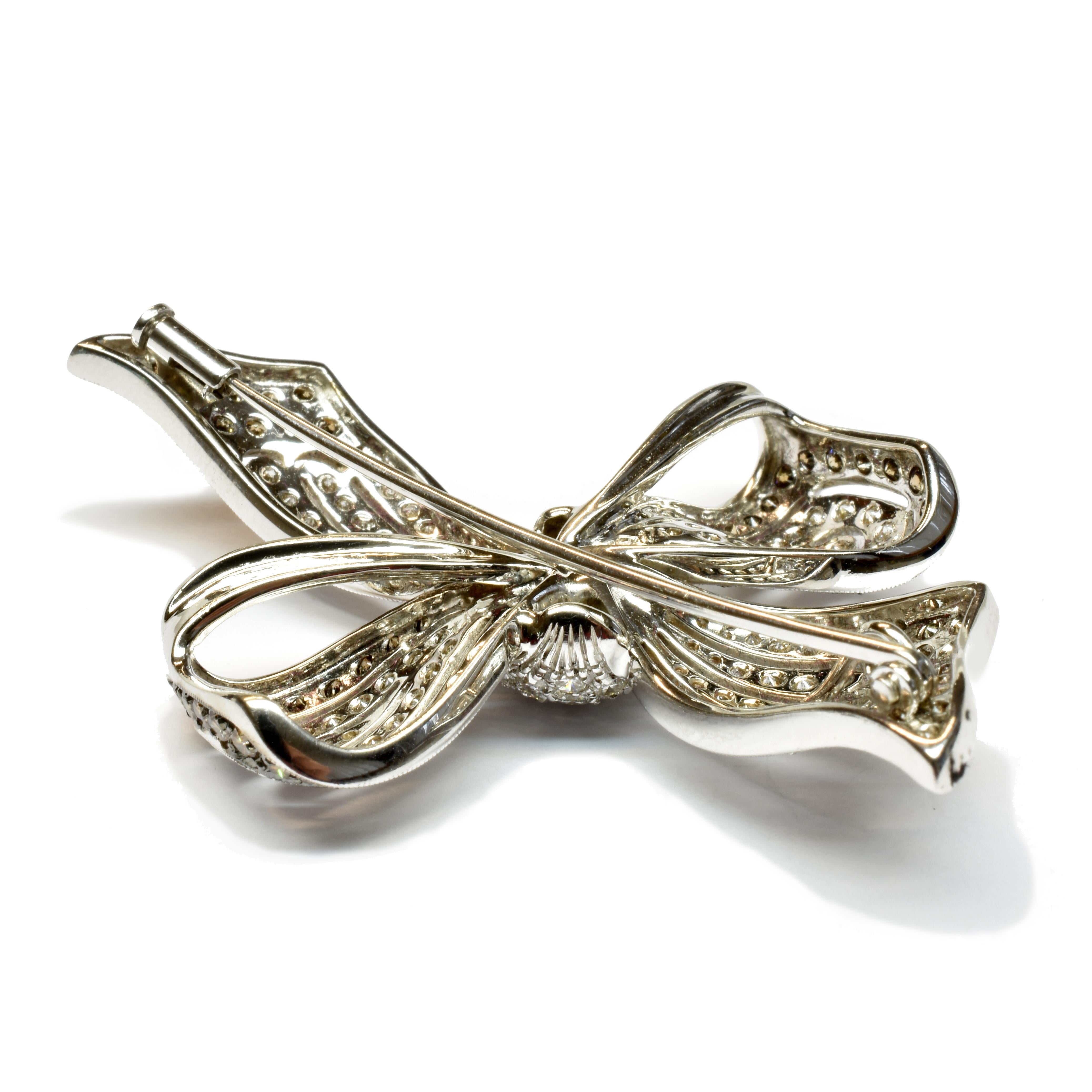 Women's White and Champage Diamonds Gold Bow Brooch Made in Italy