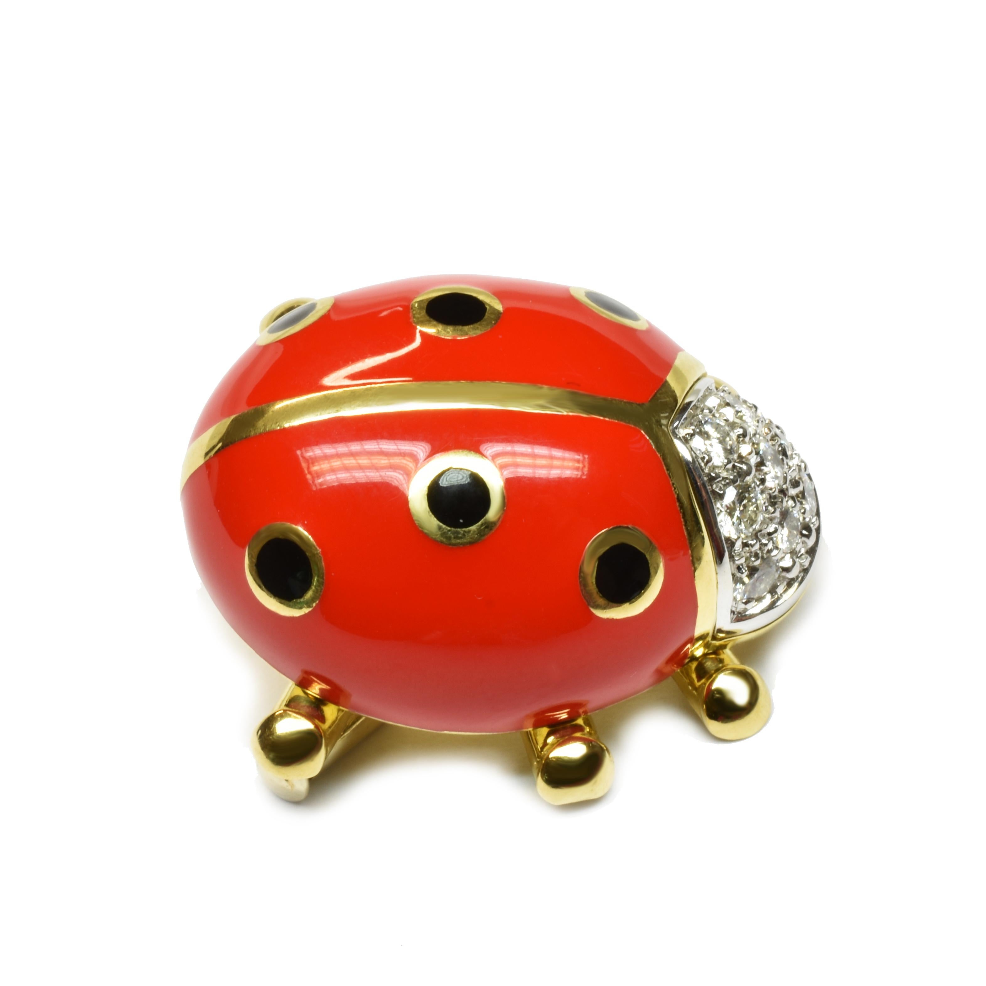 18Kt Gold Ladybug Brooch with White Diamonds and Red Enamel Body with Black Dots.
Handmade in our Atelier in Valenza Italy. 
The Piece is Mainly in 18Kt Yellow Gold. The Head is in 18Kt White Gold.

