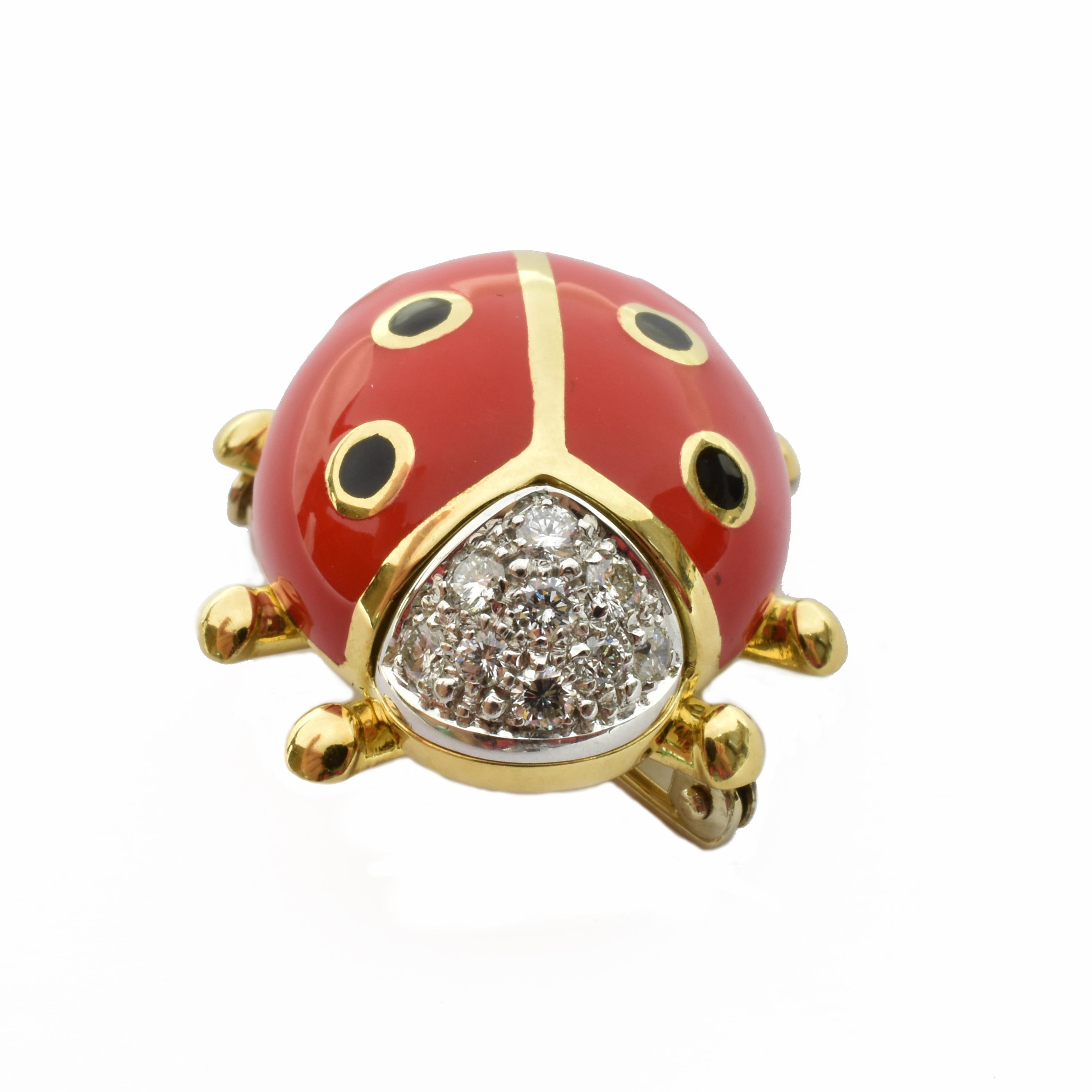 Contemporary White Diamonds and Red Enamel Gold Ladybug Brooch Made in Italy