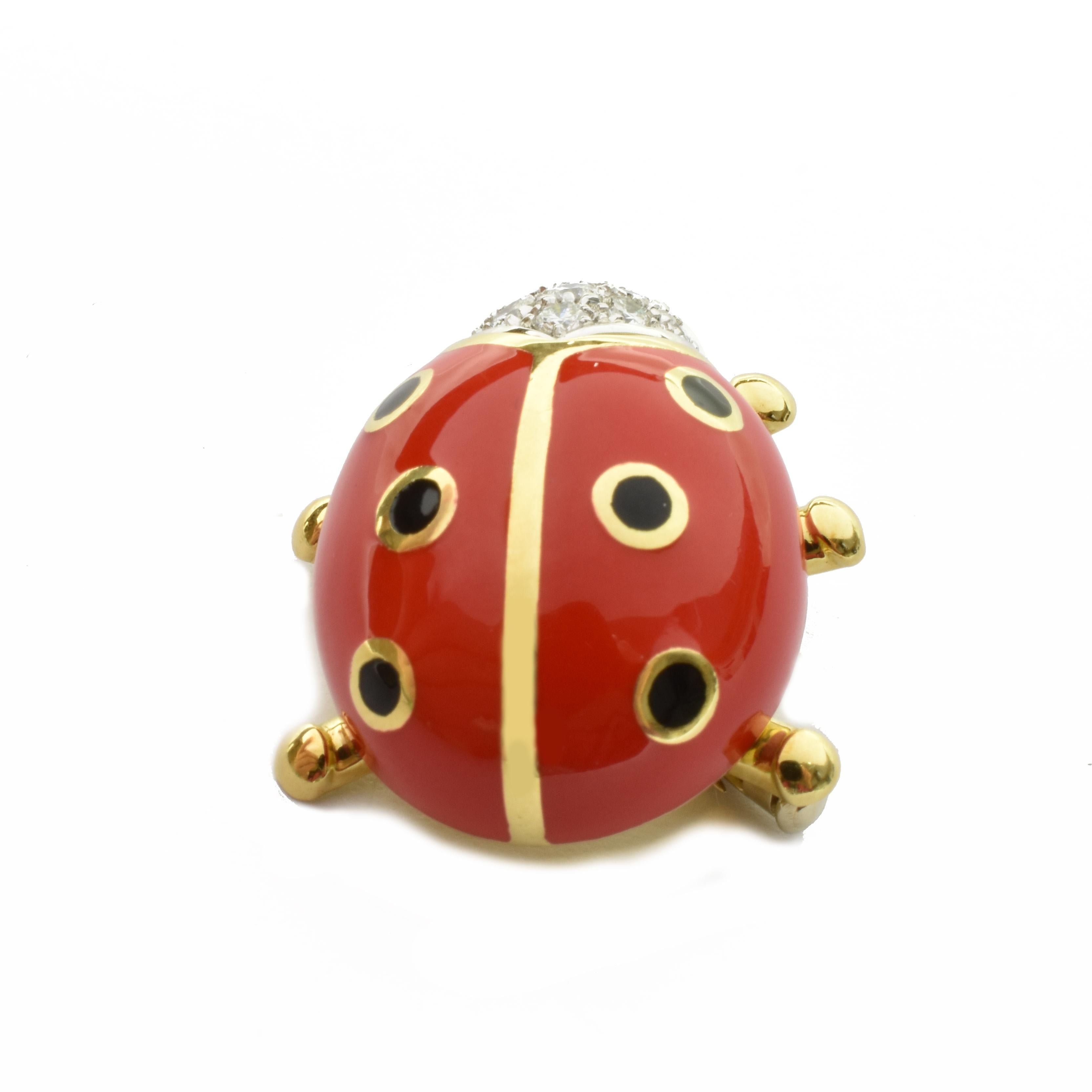 Round Cut White Diamonds and Red Enamel Gold Ladybug Brooch Made in Italy