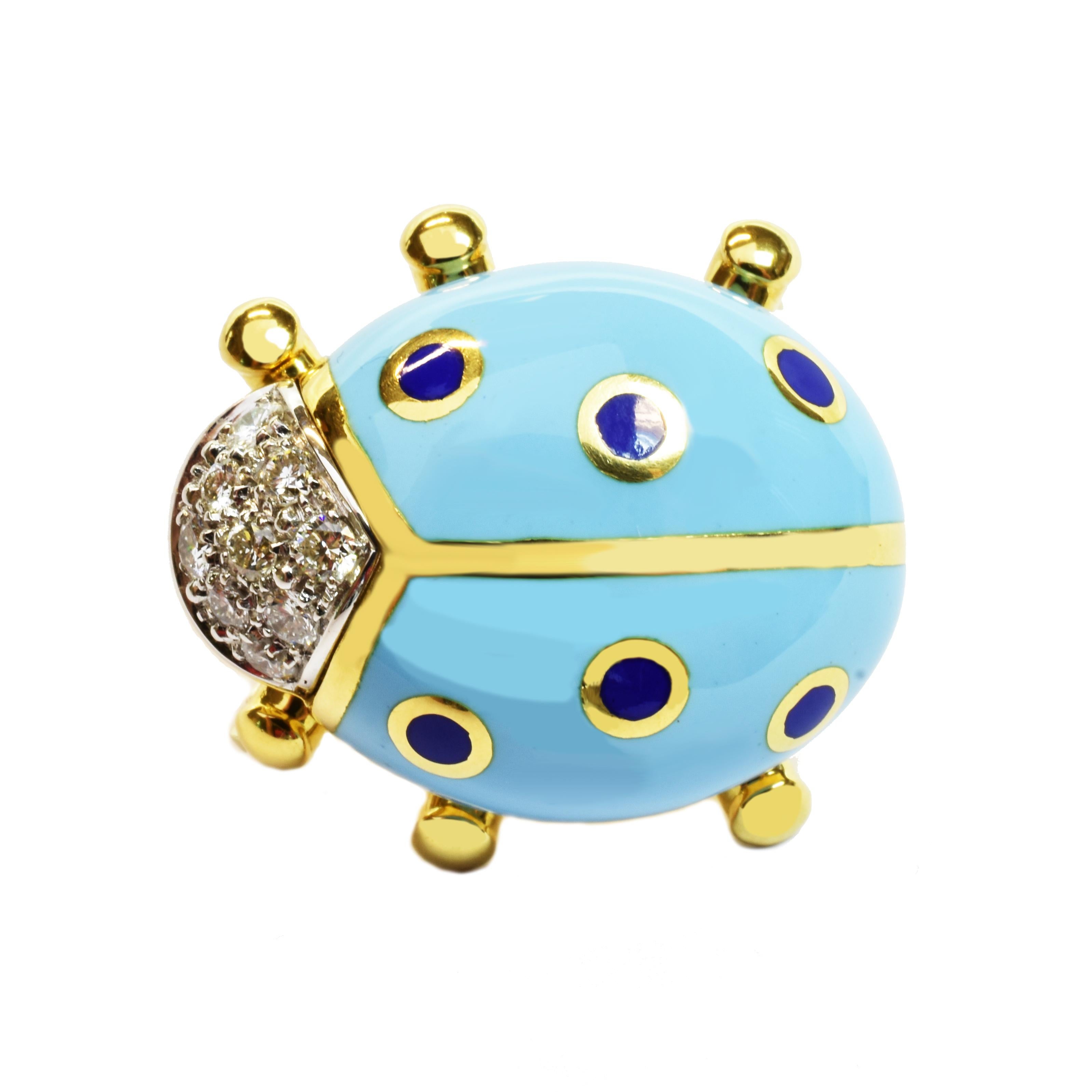 Gilberto Cassola 18Kt Gold Ladybug Brooch with White Diamonds and Baby Blue Enamel Body with Blue Dots.
Handmade in our Atelier in Valenza Italy. 
The Piece is Mainly in 18Kt Yellow Gold. The Head is in 18Kt White Gold.
