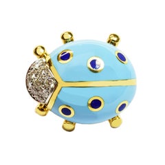 White Diamonds Blue Enamel Gold Ladybug Brooch Made in Italy