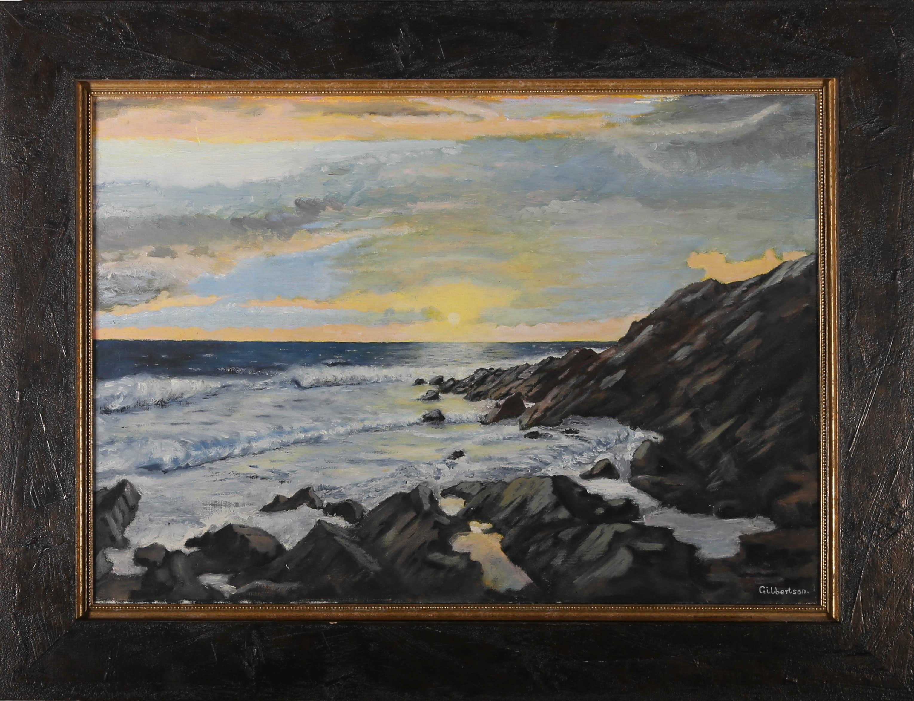 A charming, painterly depicting of the sun setting over the sea with a rocky shore in the foreground. Signed to the lower right. Presented in a dark wooden frame with a gilt slip. On canvas on stretchers.



