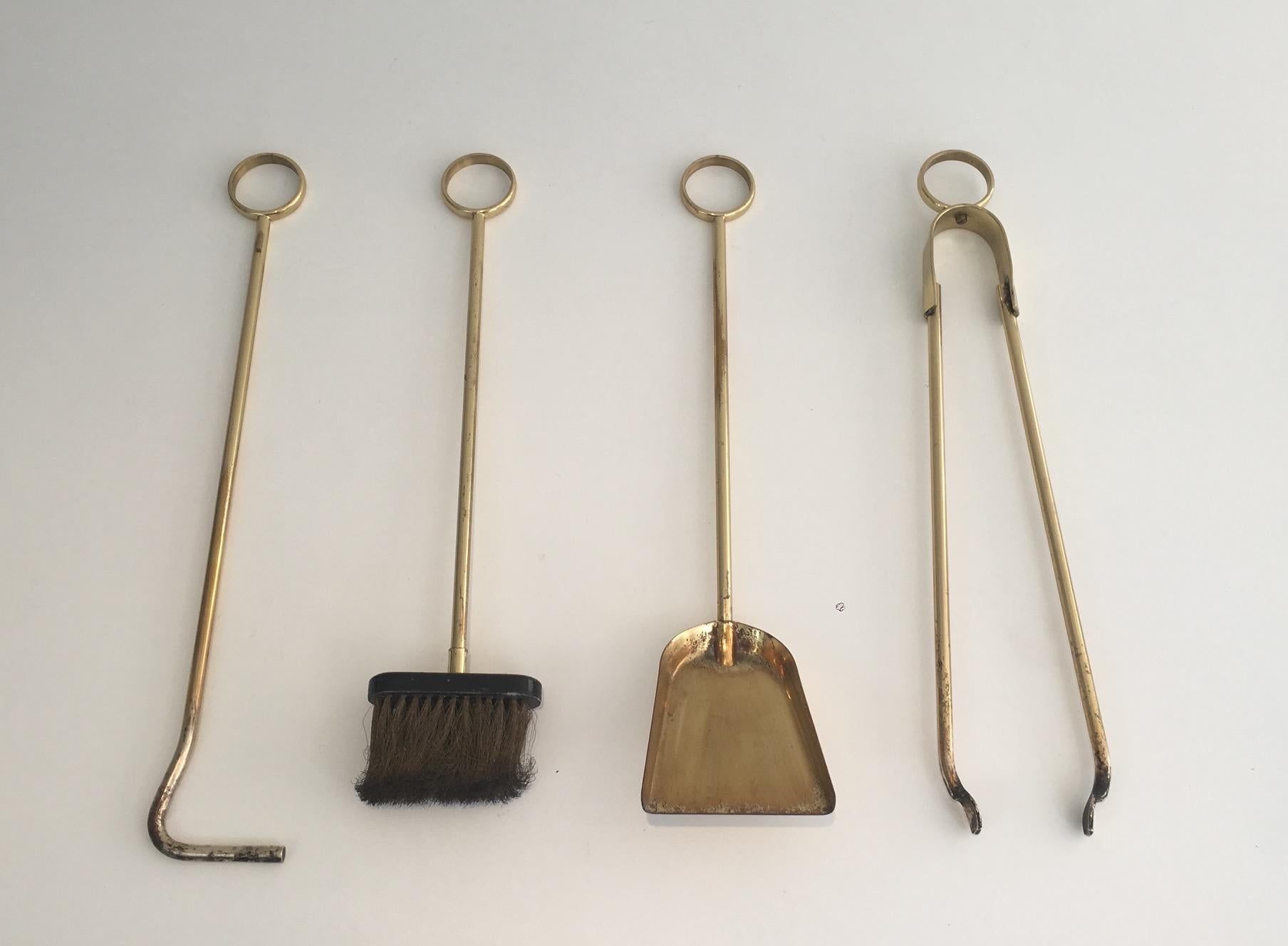 Mid-Century Modern Gild Brass and Glass Fire Place Tools Set, circa 1970 For Sale