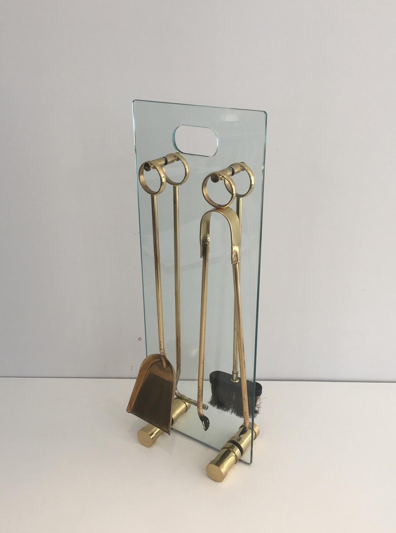 Gild Brass and Glass Fire Place Tools Set, circa 1970 For Sale 13