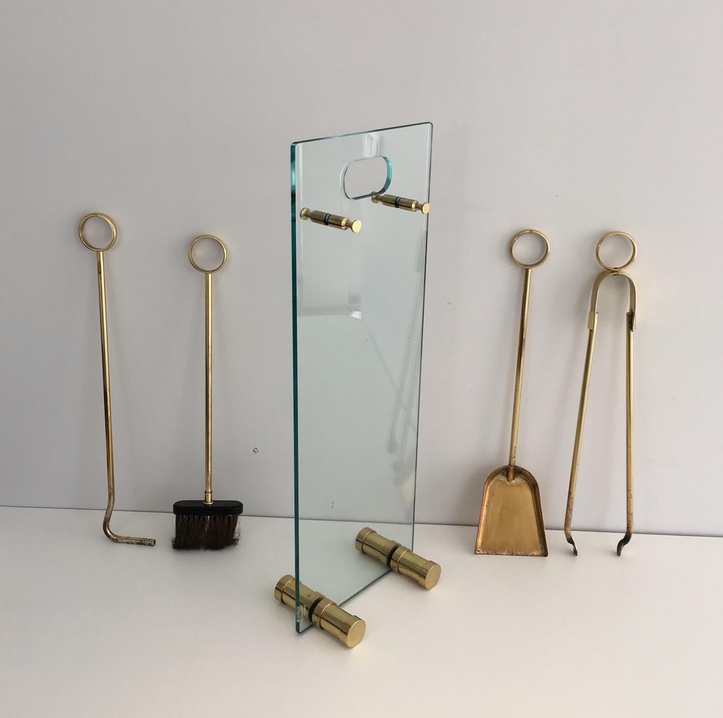 French Gild Brass and Glass Fire Place Tools Set, circa 1970 For Sale