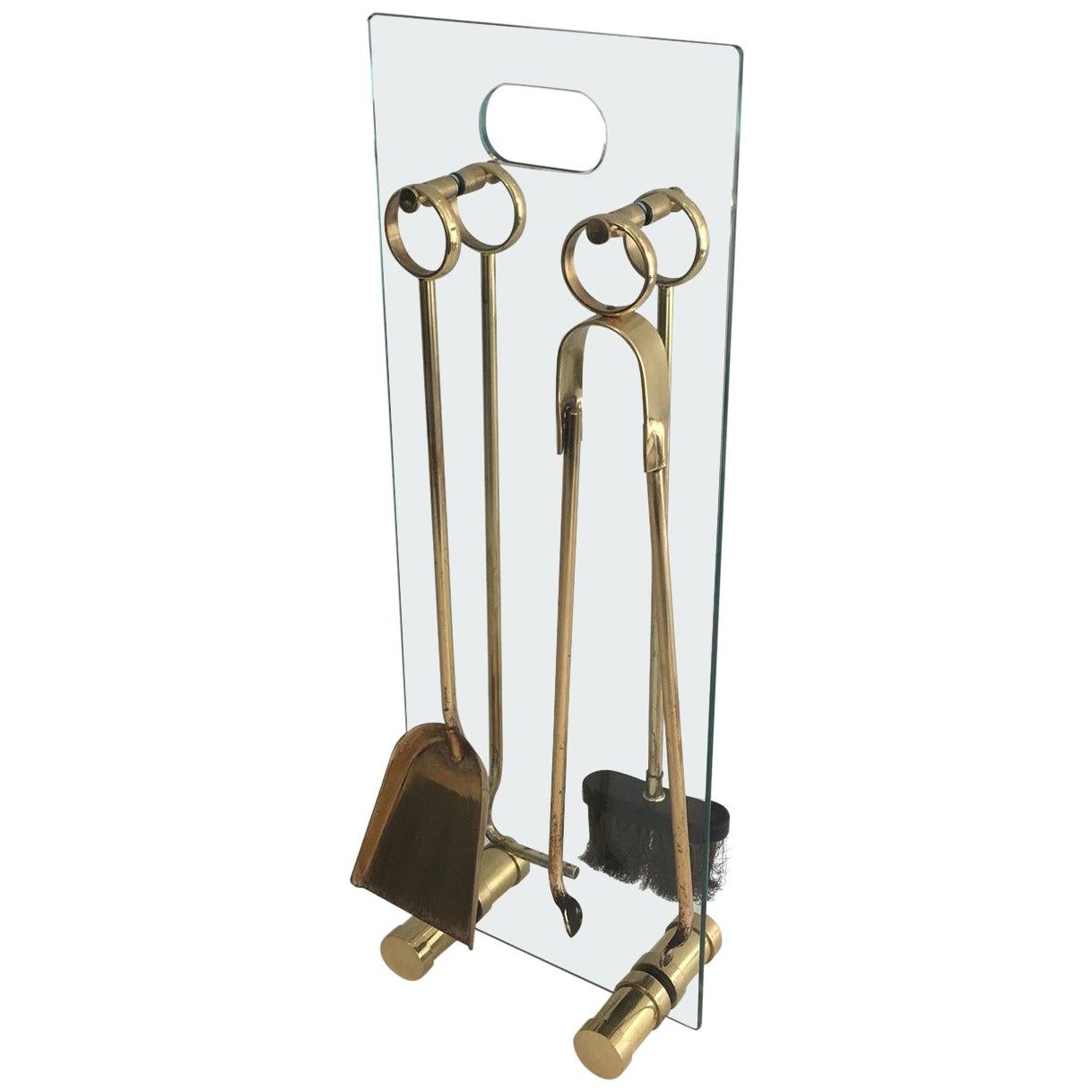 Gild Brass and Glass Fire Place Tools Set, circa 1970 For Sale