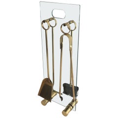 Vintage Gild Brass and Glass Fire Place Tools Set, circa 1970