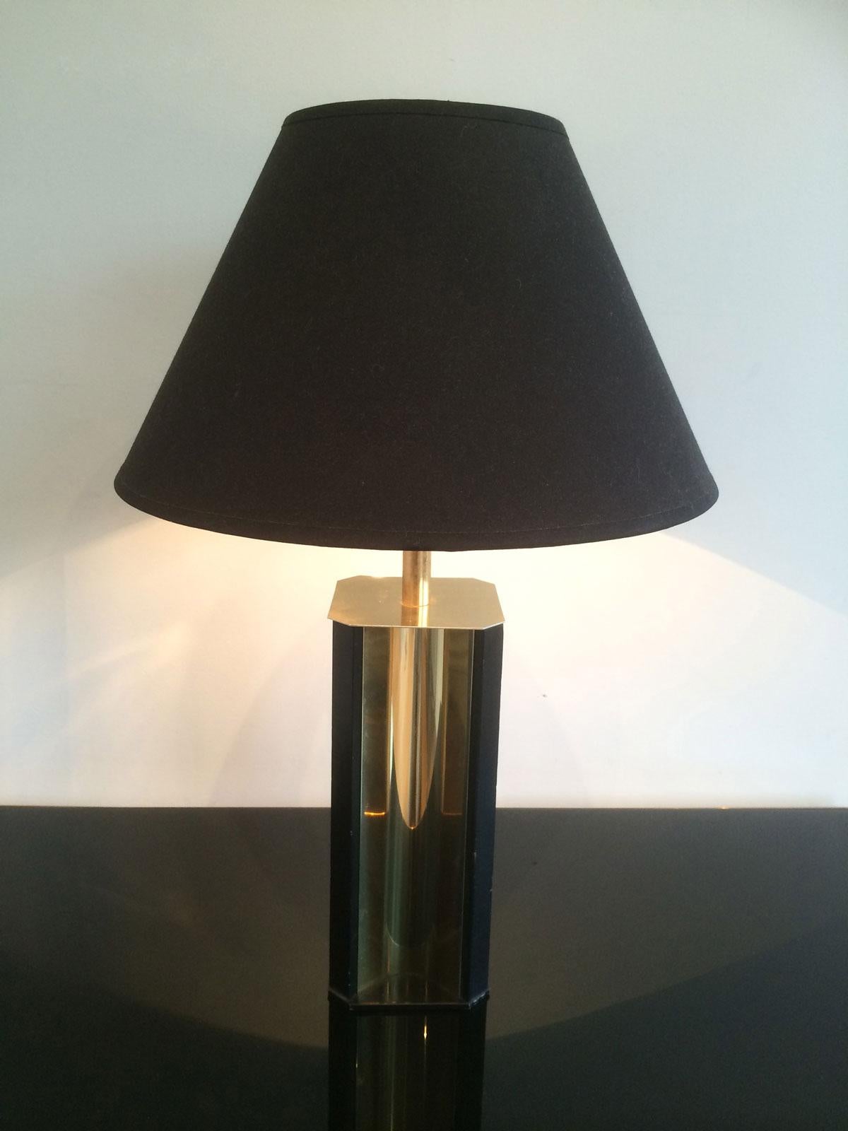 Gilt Metal and Black Wood Lamp with Convex Gild Metal Base, circa 1970 4