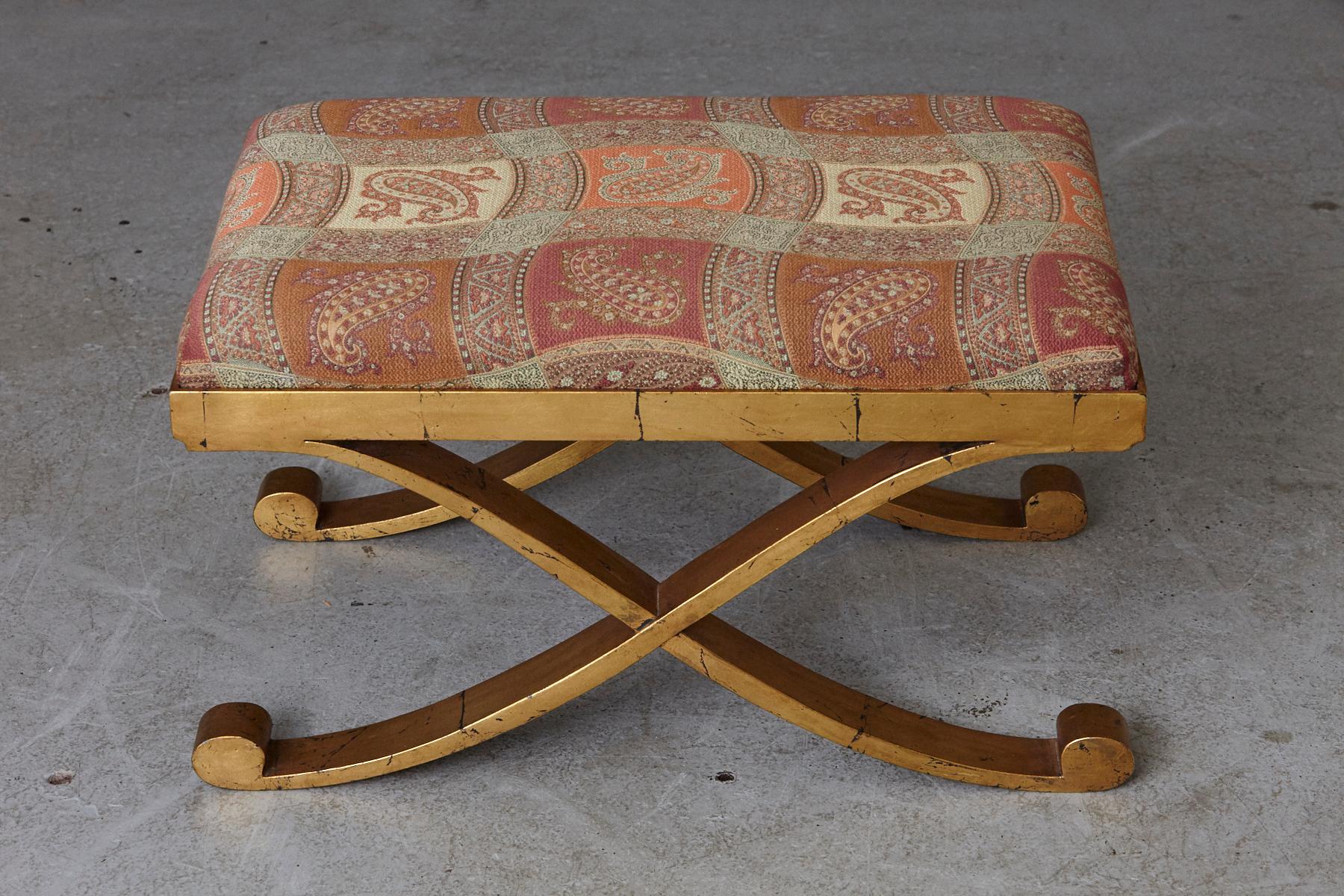 American Gild Patinated Metal Bench with Cross Legs Upholstered in Paisley Fabric
