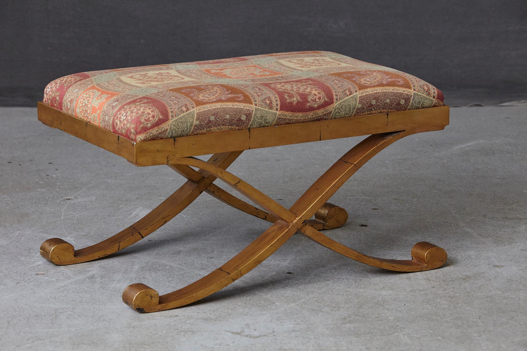 Gilt Gild Patinated Metal Bench with Cross Legs Upholstered in Paisley Fabric