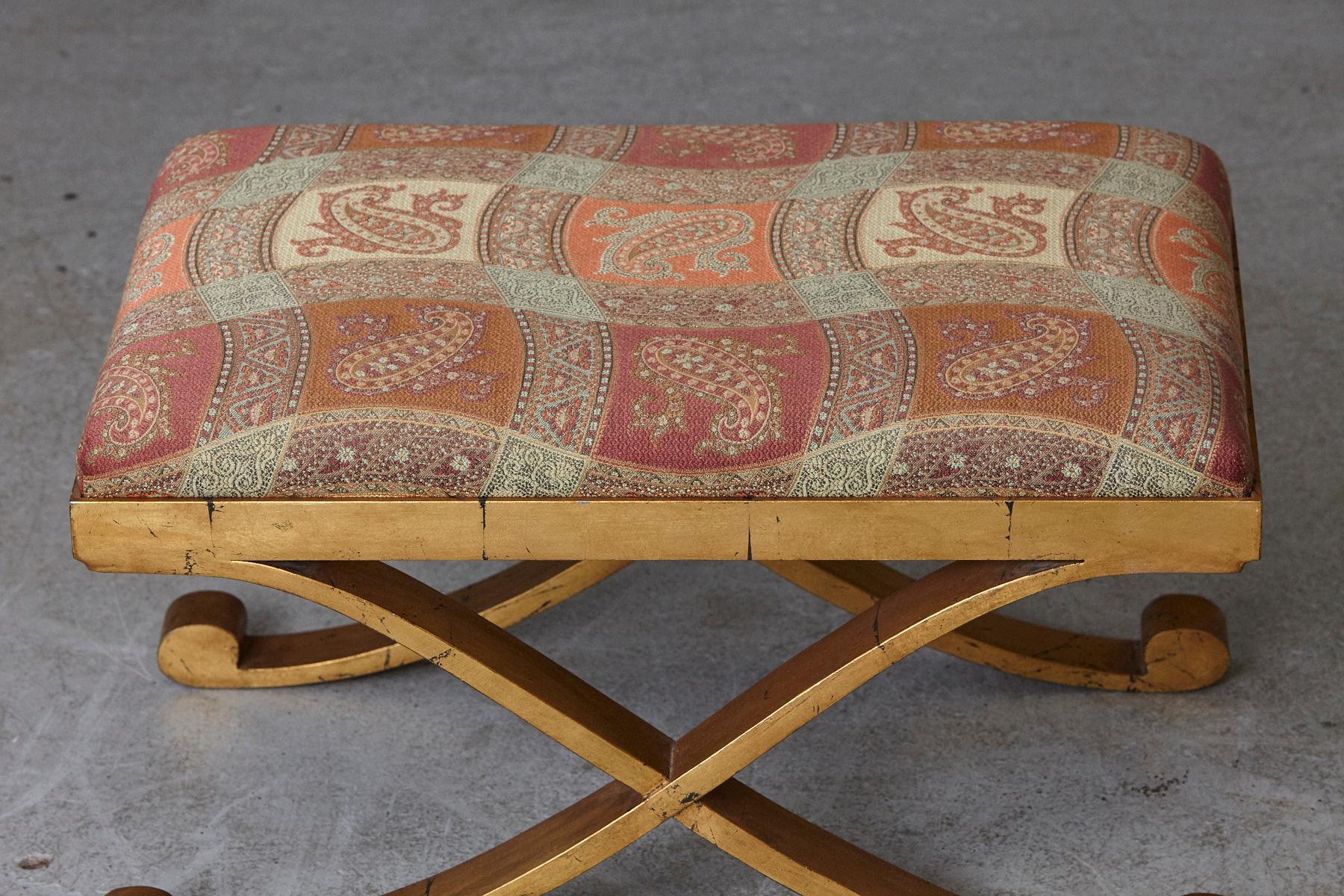 Late 20th Century Gild Patinated Metal Bench with Cross Legs Upholstered in Paisley Fabric
