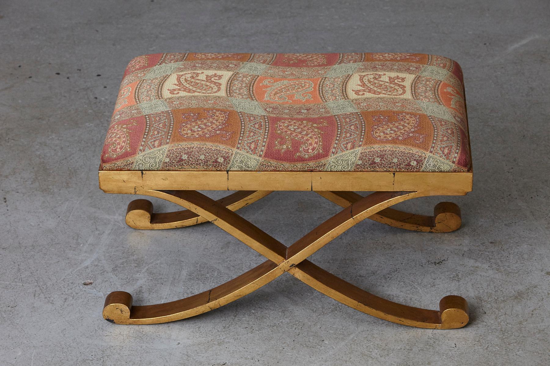 Gild Patinated Metal Bench with Cross Legs Upholstered in Paisley Fabric 1