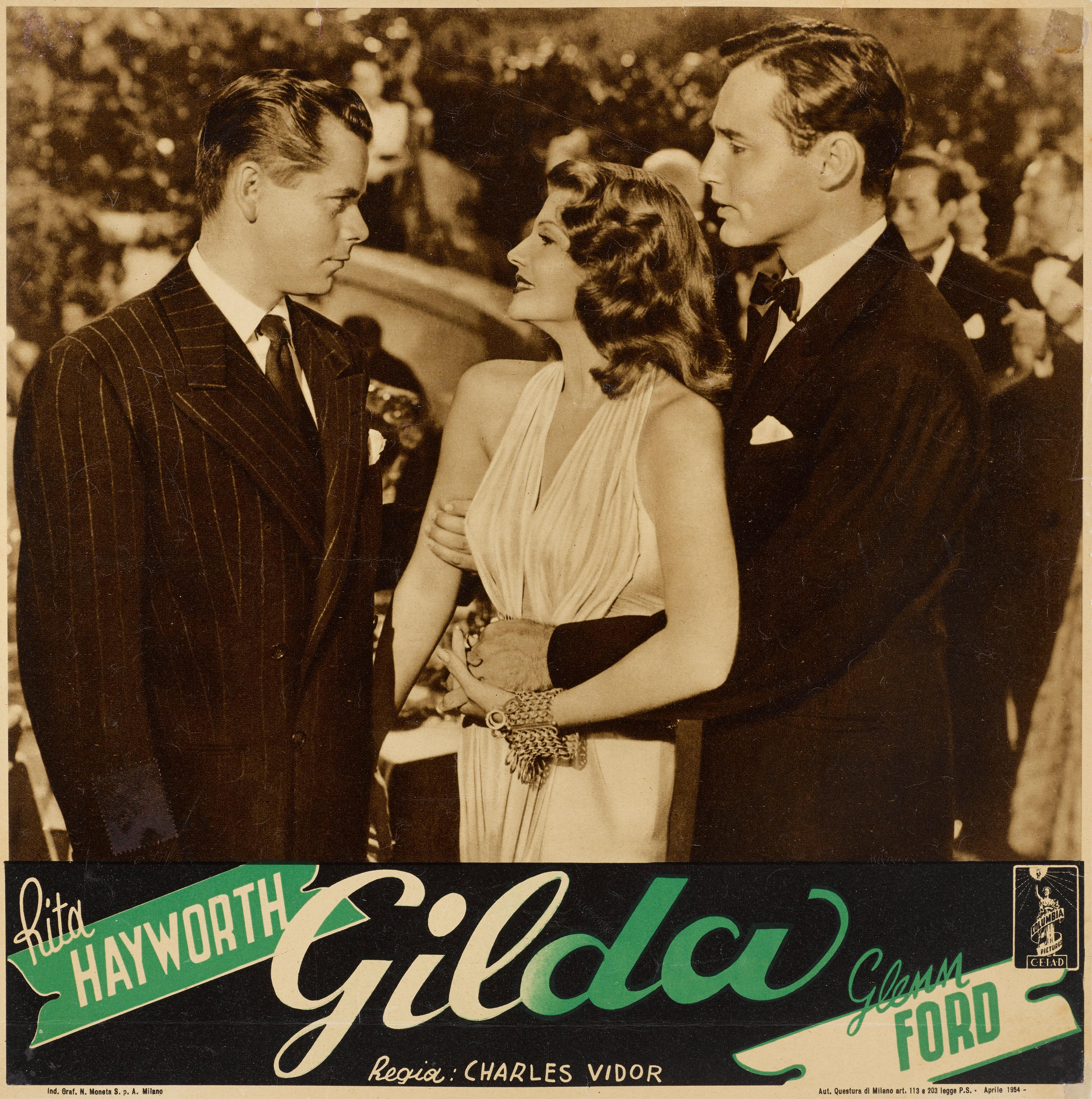 Affiche originale de film italien conçue pour être utilisée dans le hall d'entrée des cinémas. Ce film noir classique de 1946 met en vedette Rita Hayworth et Glenn Ford et a été réalisé par Charles Vidor.