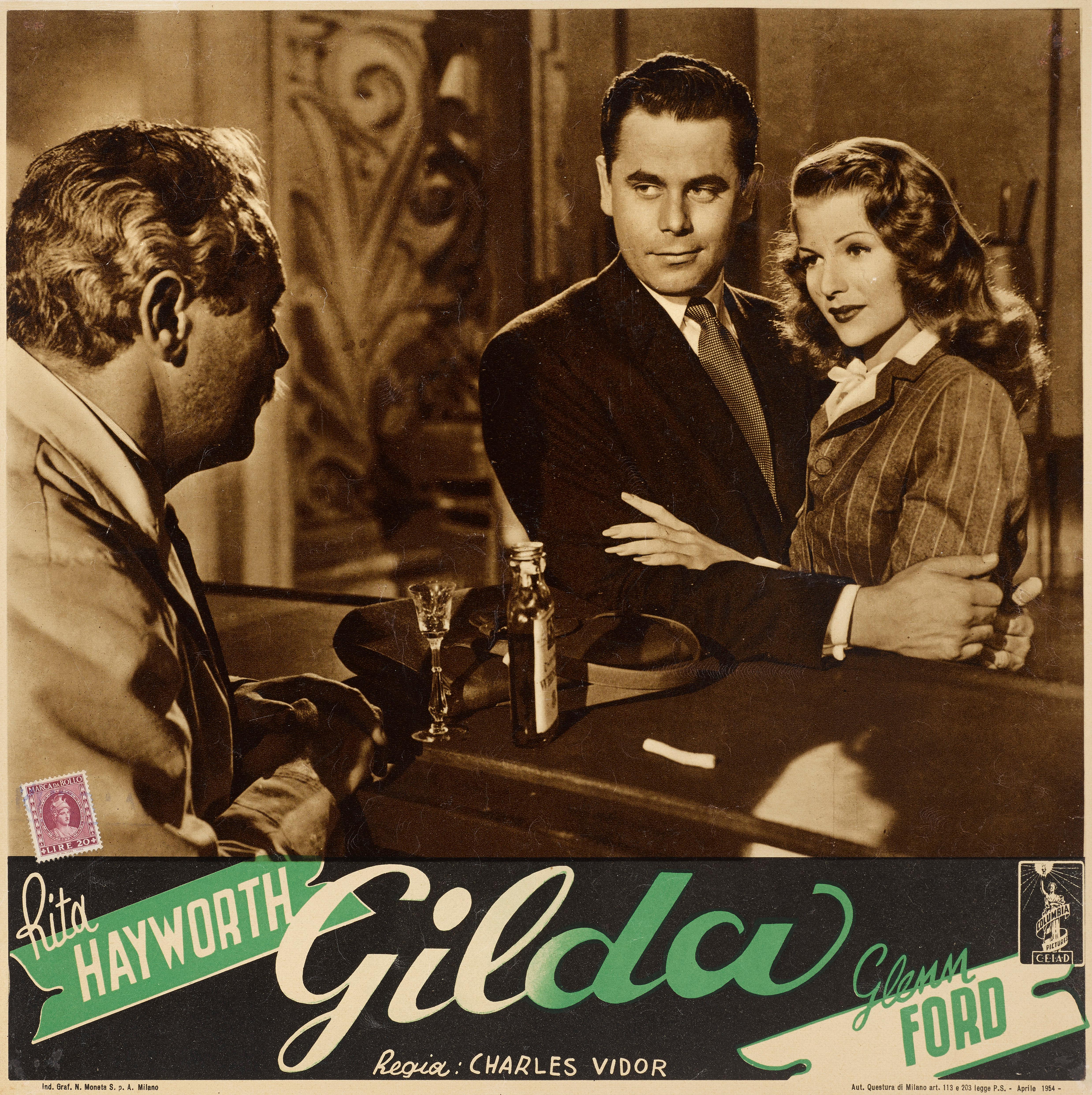 Original Italian film poster designed for use in the cinemas lobby. This Classic 1946 film Noir starred Rita Hayworth, Glenn Ford and was directed by Charles Vidor. There is a stamp on this piece this was to show the tax was paid to be able to