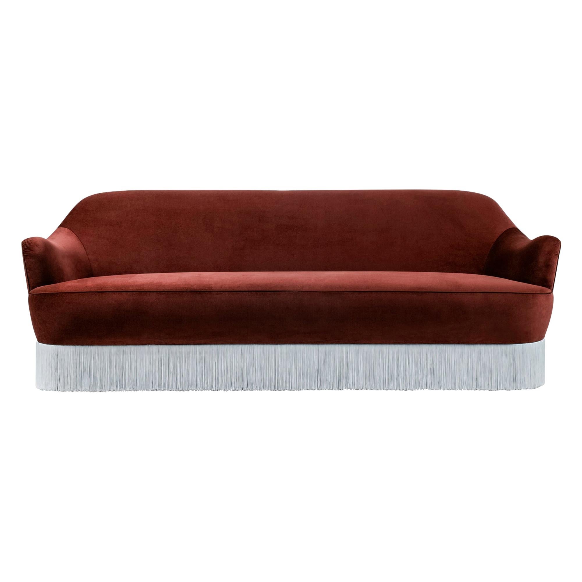 Gilda Fringe Sofa in Burgundy Velvet Made in Italy For Sale