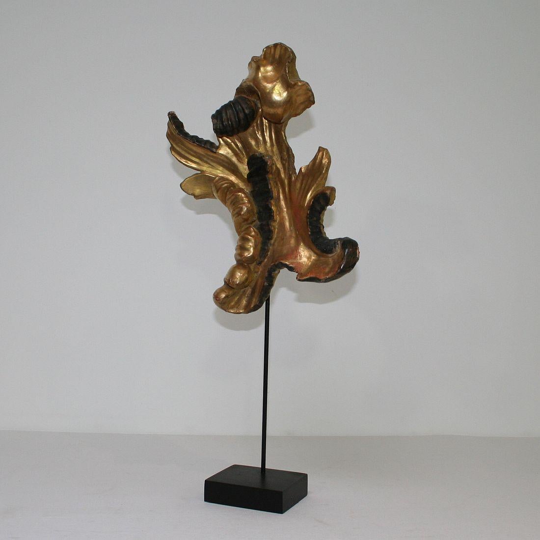 Beautiful one of a kind piece. Giltwood Baroque curl, Italy, circa 1750.
Weathered.
Measurement includes the wooden base.
  