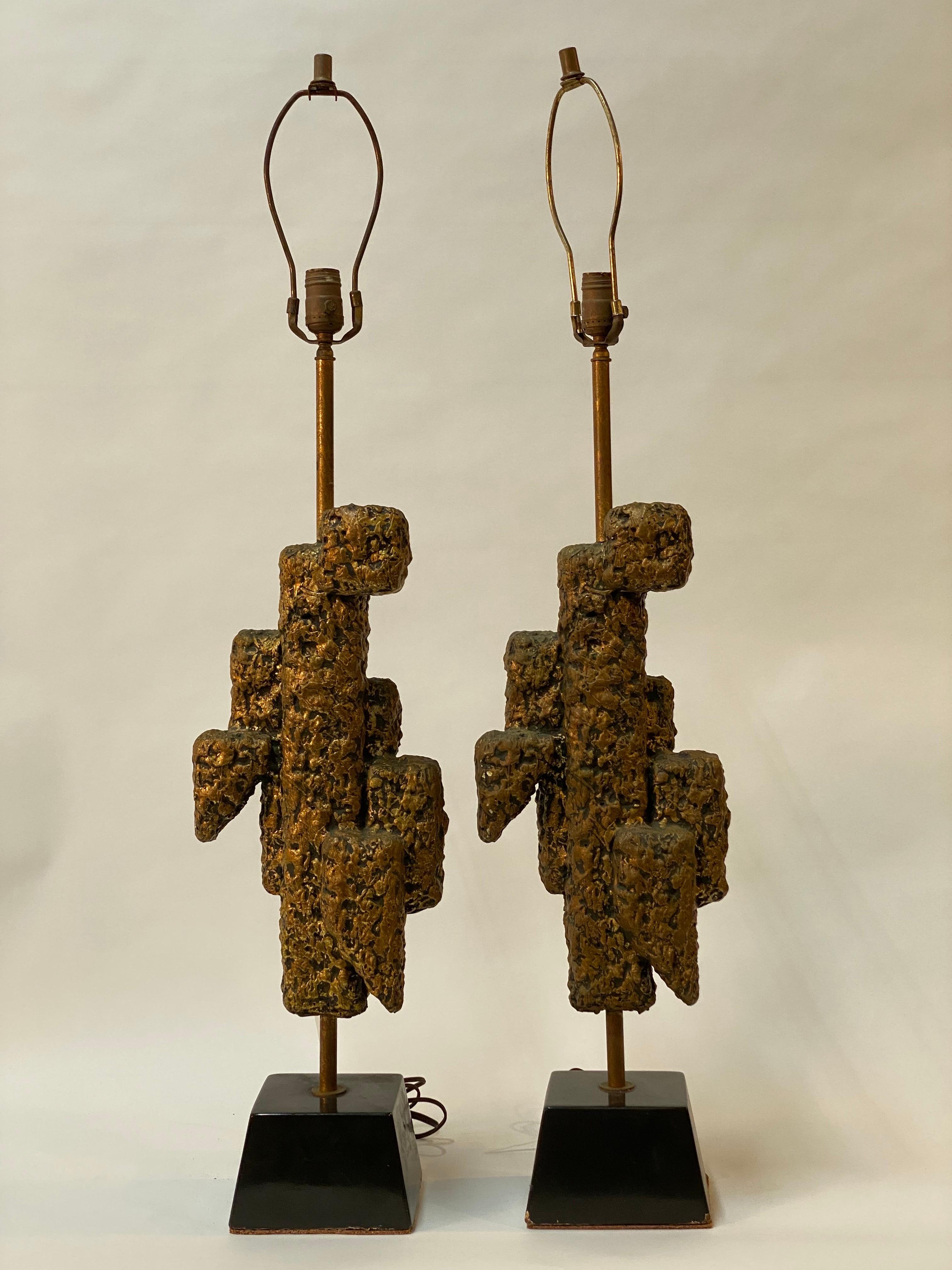 Gilded Abstract Brutalist Table Lamps, A Pair For Sale 12