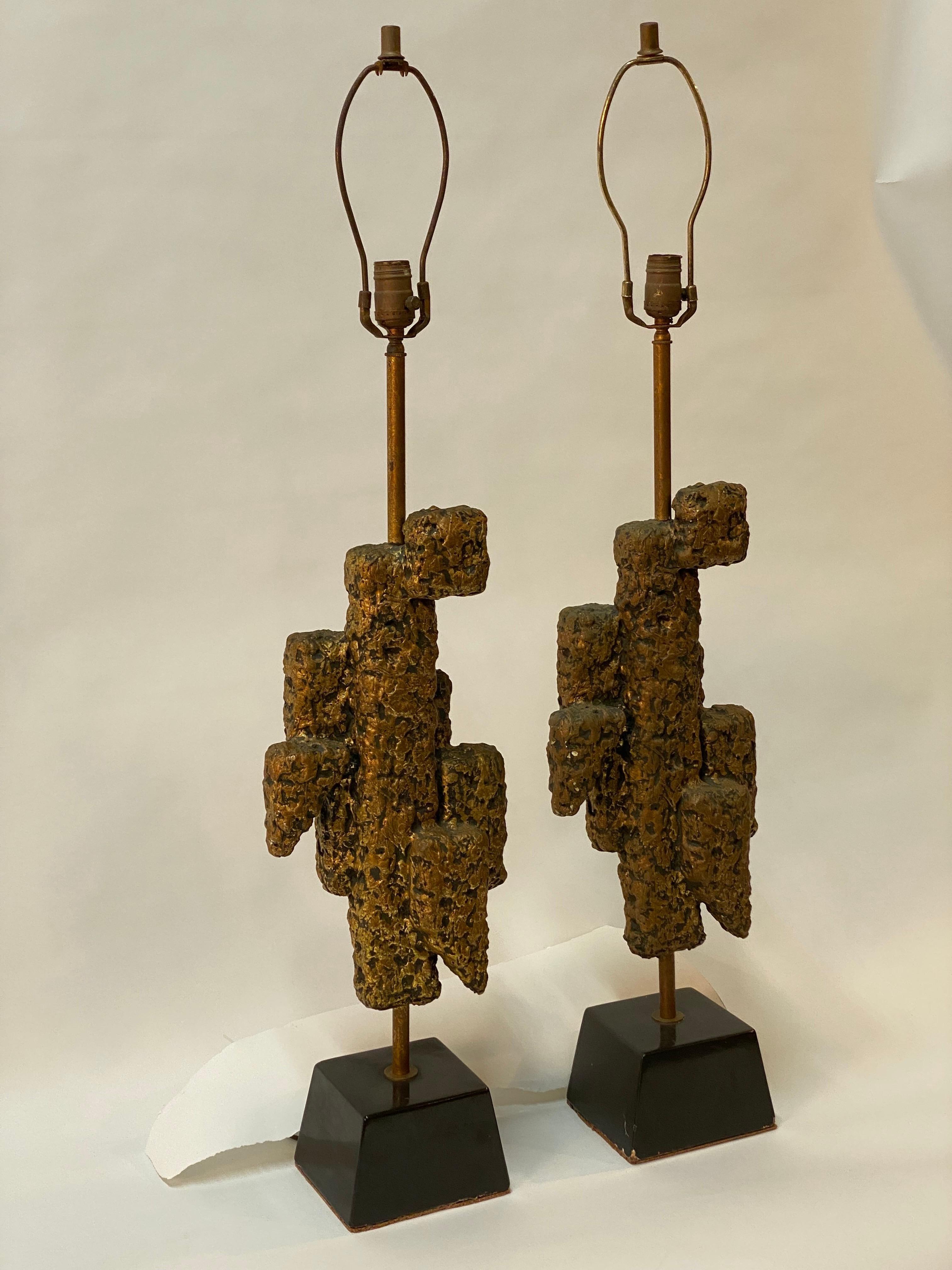 American Gilded Abstract Brutalist Table Lamps, A Pair For Sale