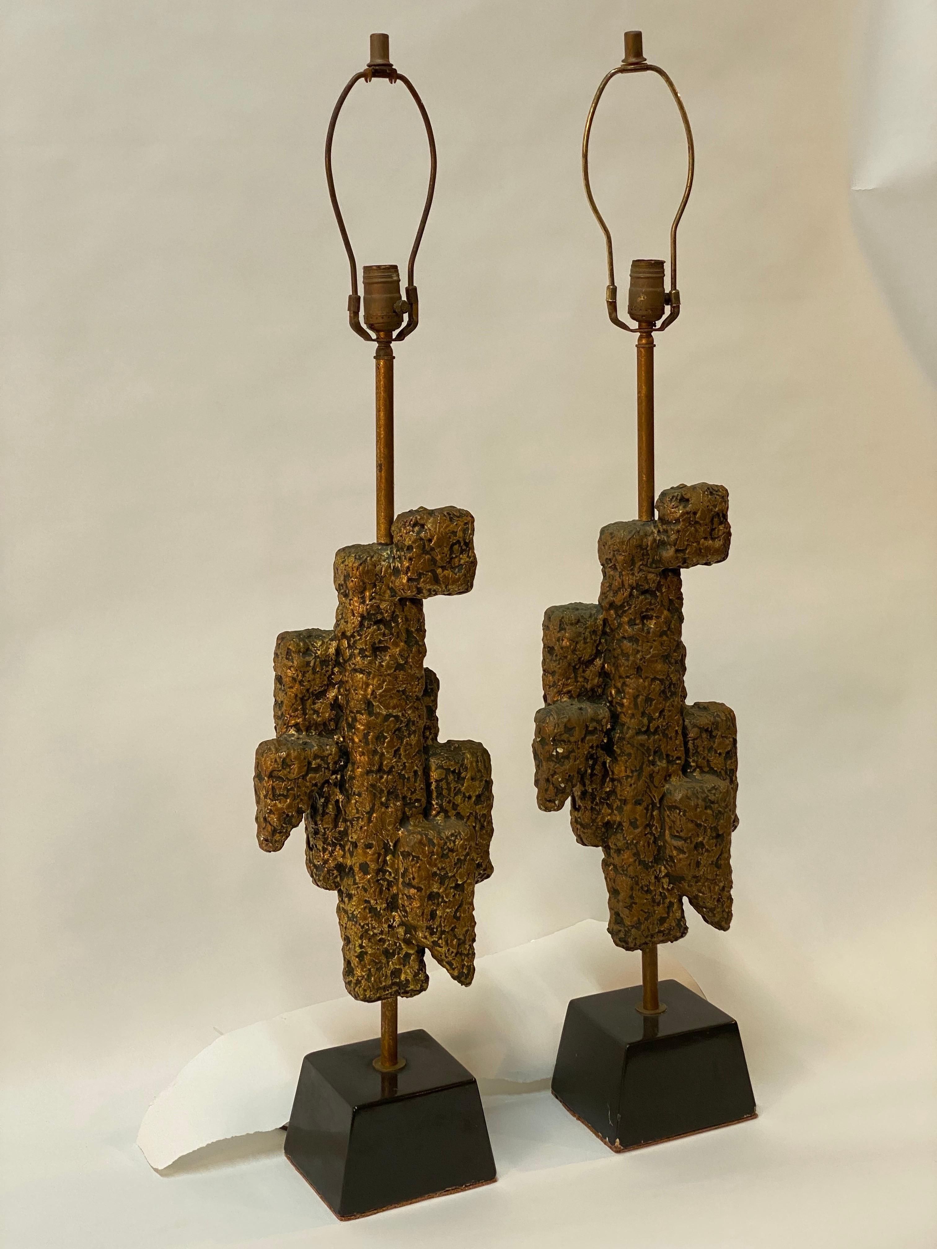 Gilded Abstract Brutalist Table Lamps, A Pair For Sale 1
