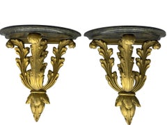 Gilded Acanthus Leaf Demi Lune Hollywood Regency Wall Shelves, a Pair