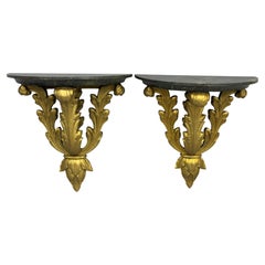 Gilded Acanthus Leaf Demi Lune Hollywood Regency Wall Shelves, a Pair