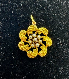 Gilded Age Old Mine Diamond Pearl Pendant Necklace 14K Gold Sunburst Victorian