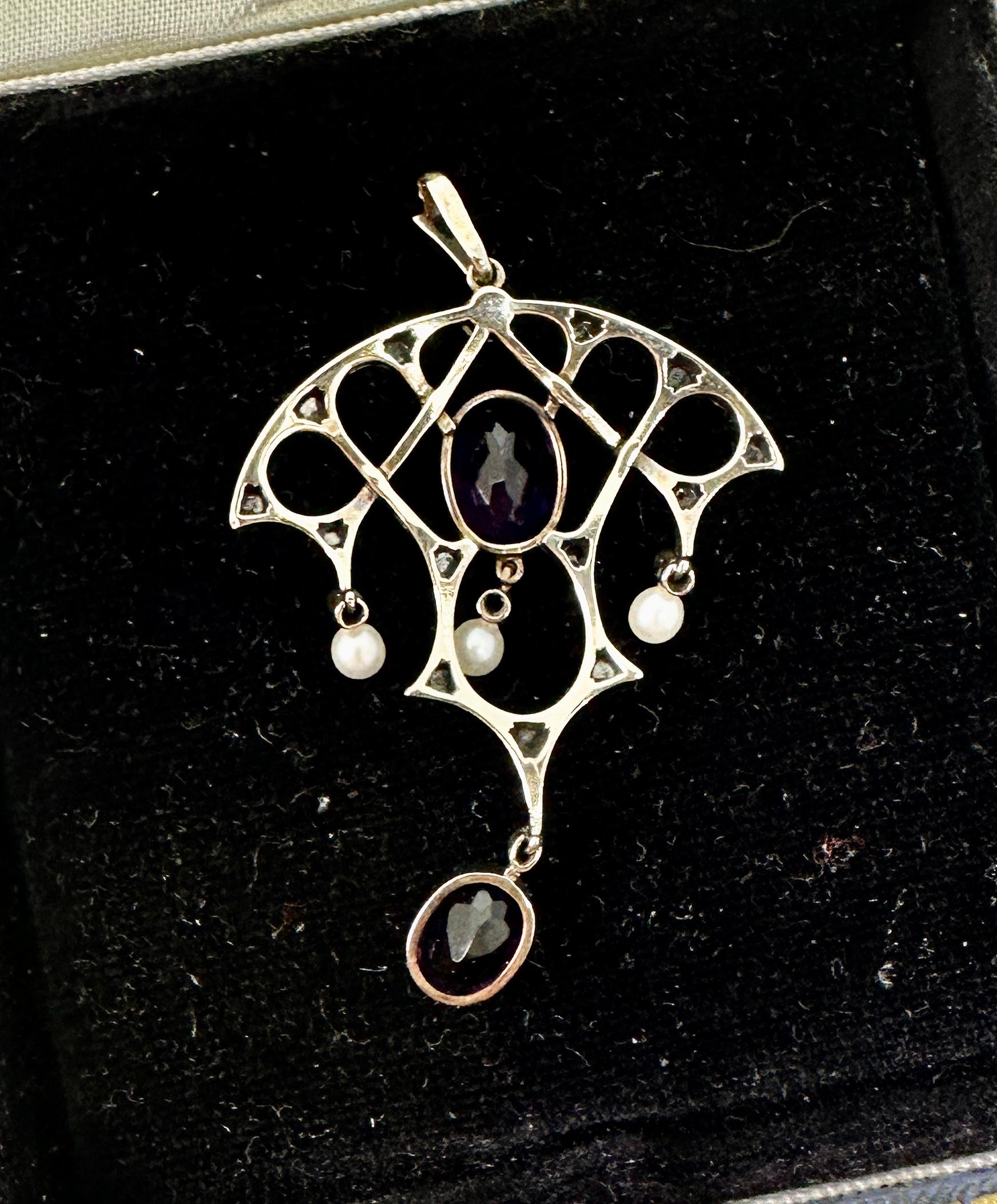 Gilded Age Siberian Amethyst Rose Cut Diamond Pearl Pendant Necklace Pink Gold For Sale 6