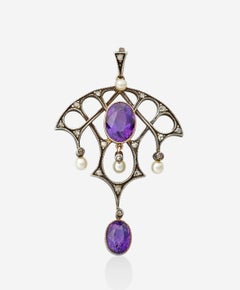 Gilded Age Siberian Amethyst Rose Cut Diamond Pearl Pendant Necklace Pink Gold