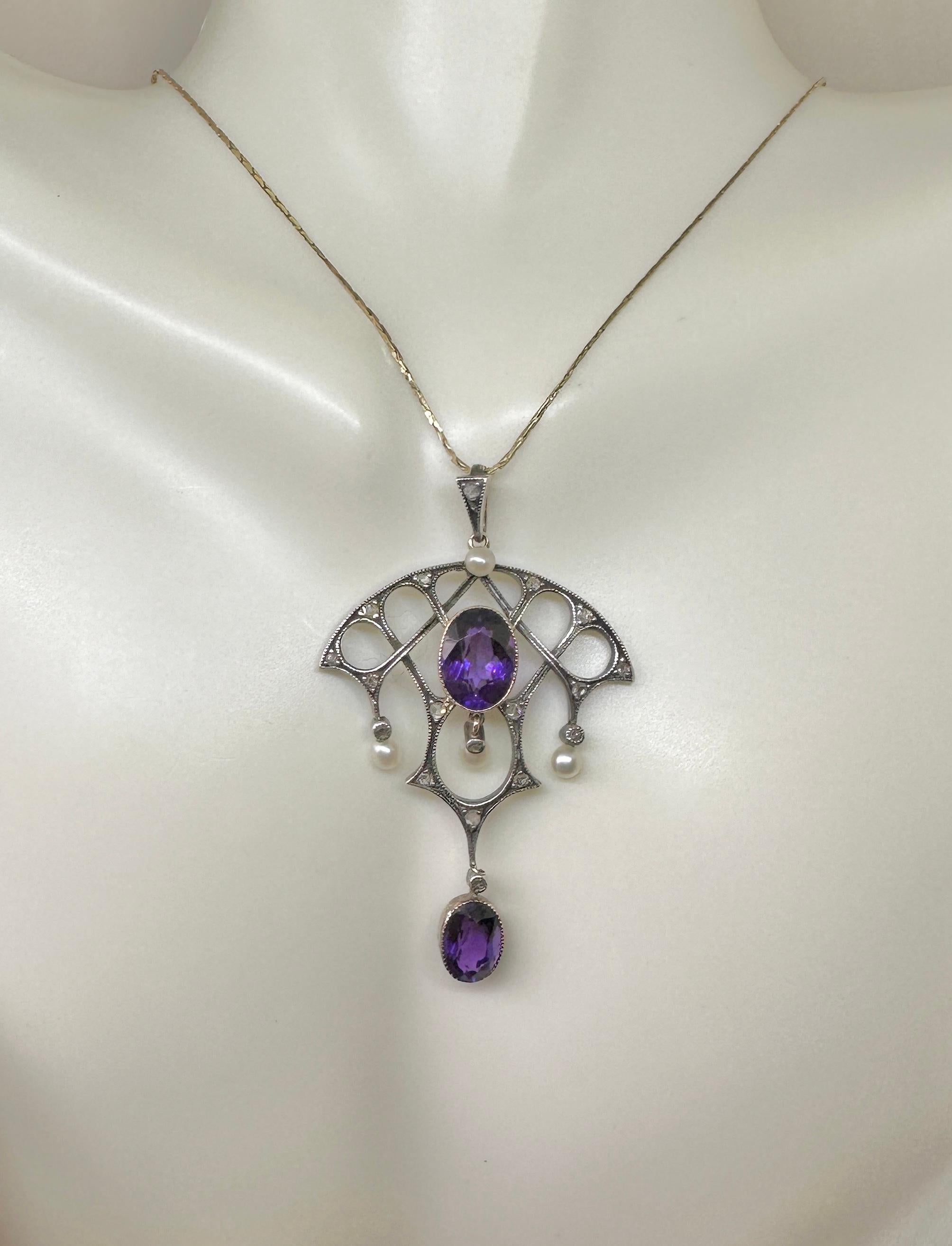 Gilded Age Siberian Amethyst Rose Cut Diamond Pearl Pendant Necklace Pink Gold In Excellent Condition For Sale In New York, NY