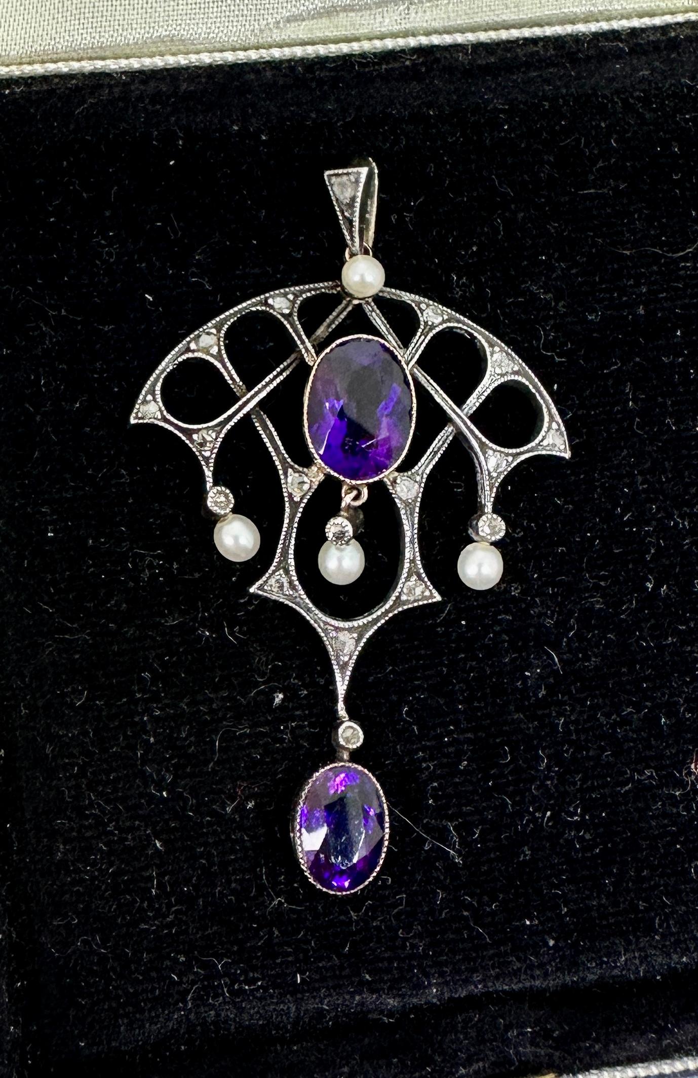 Gilded Age Siberian Amethyst Rose Cut Diamond Pearl Pendant Necklace Pink Gold For Sale 1