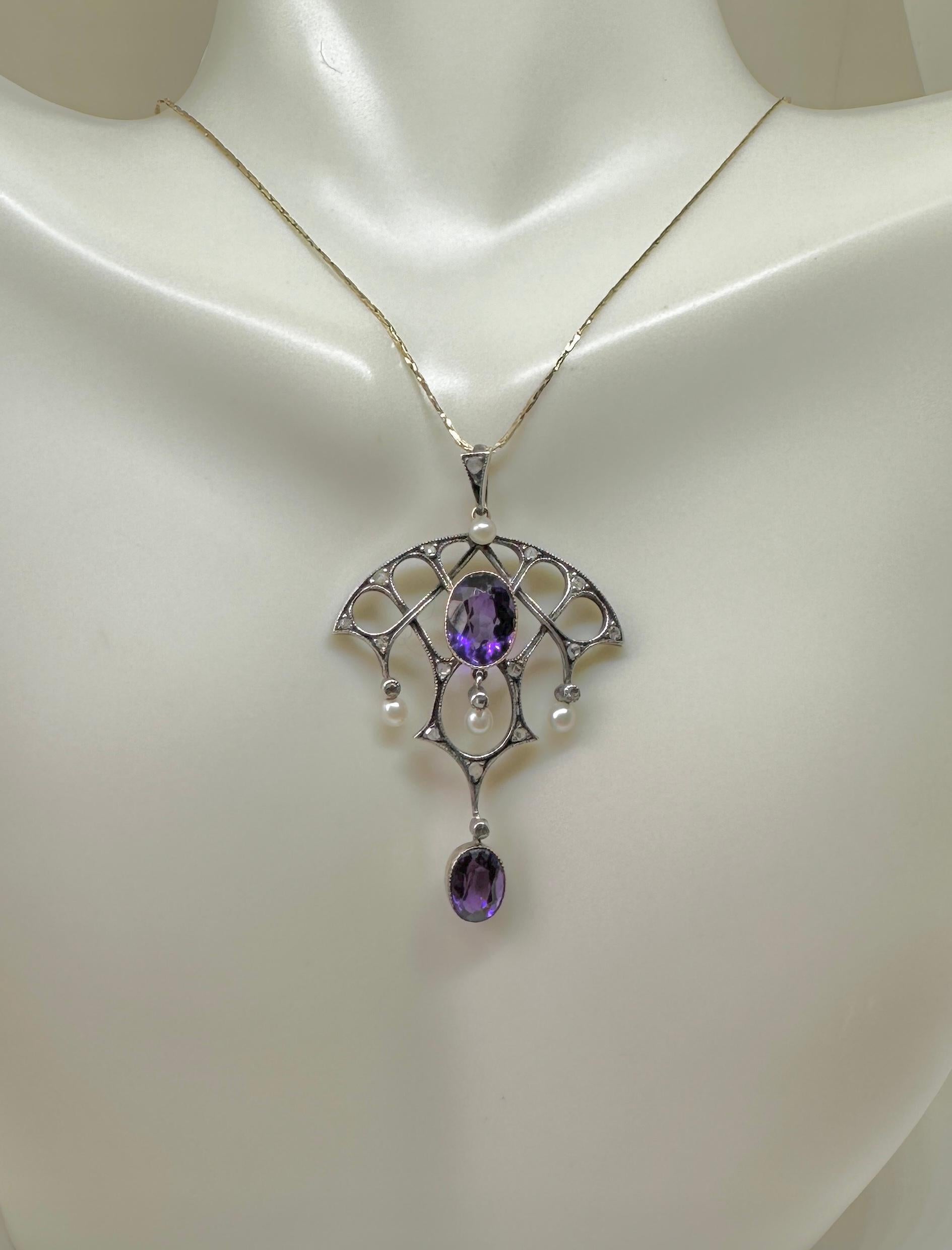 Gilded Age Siberian Amethyst Rose Cut Diamond Pearl Pendant Necklace Pink Gold For Sale 2