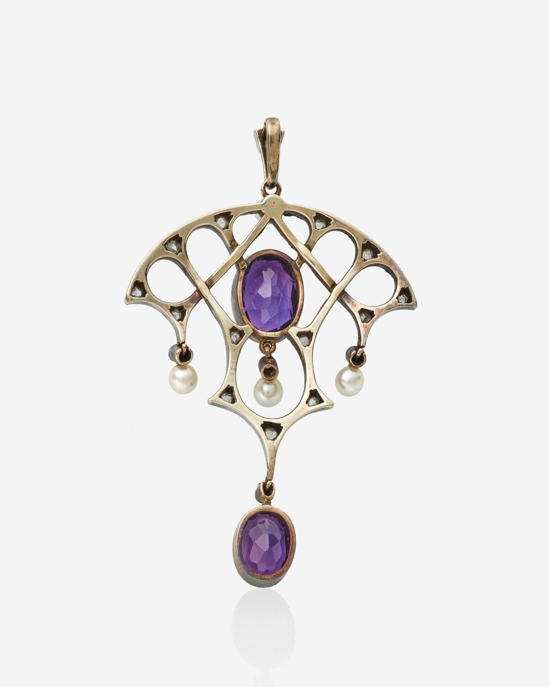Gilded Age Siberian Amethyst Rose Cut Diamond Pearl Pendant Necklace Pink Gold For Sale 3