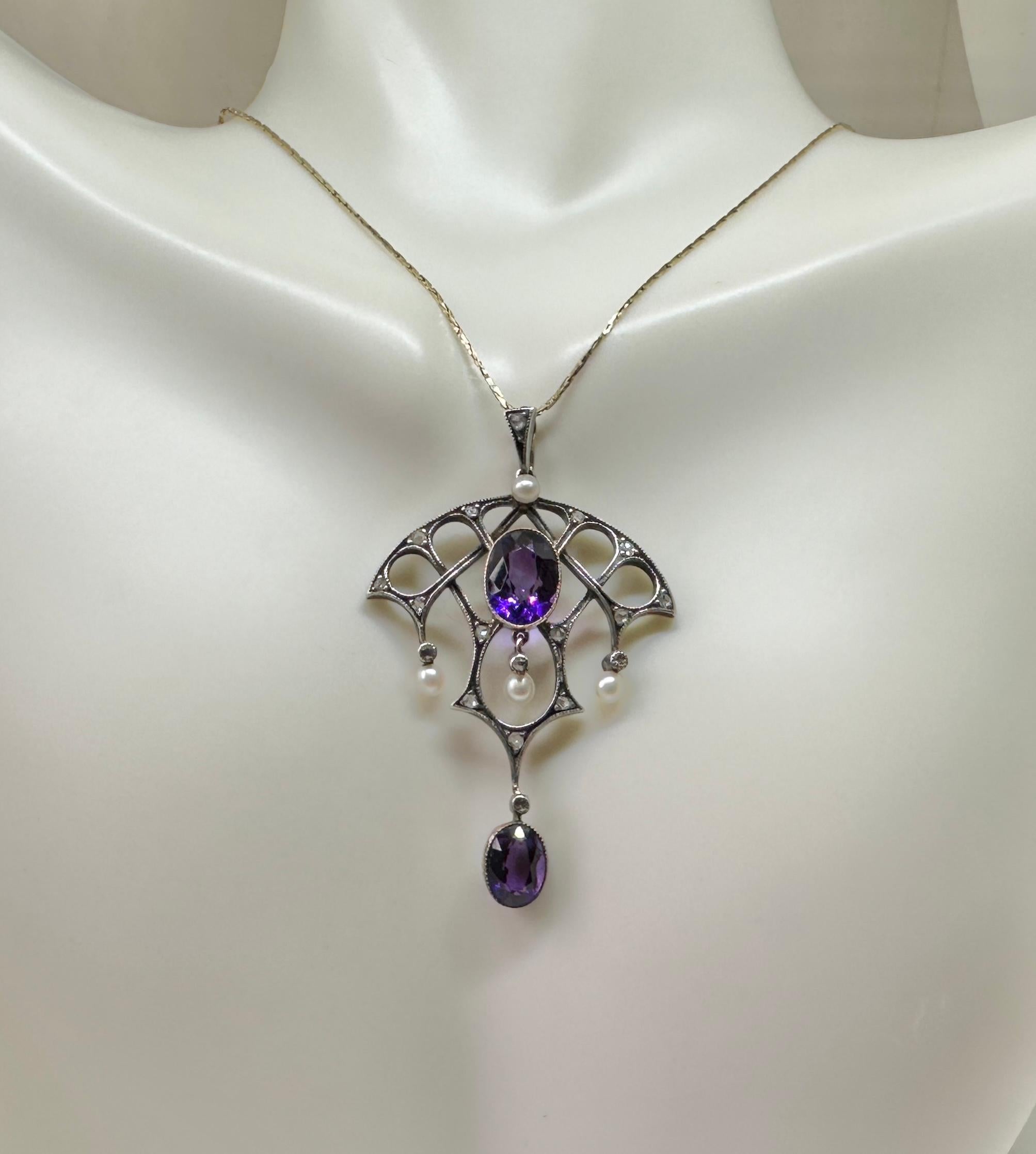 Gilded Age Siberian Amethyst Rose Cut Diamond Pearl Pendant Necklace Pink Gold For Sale 4