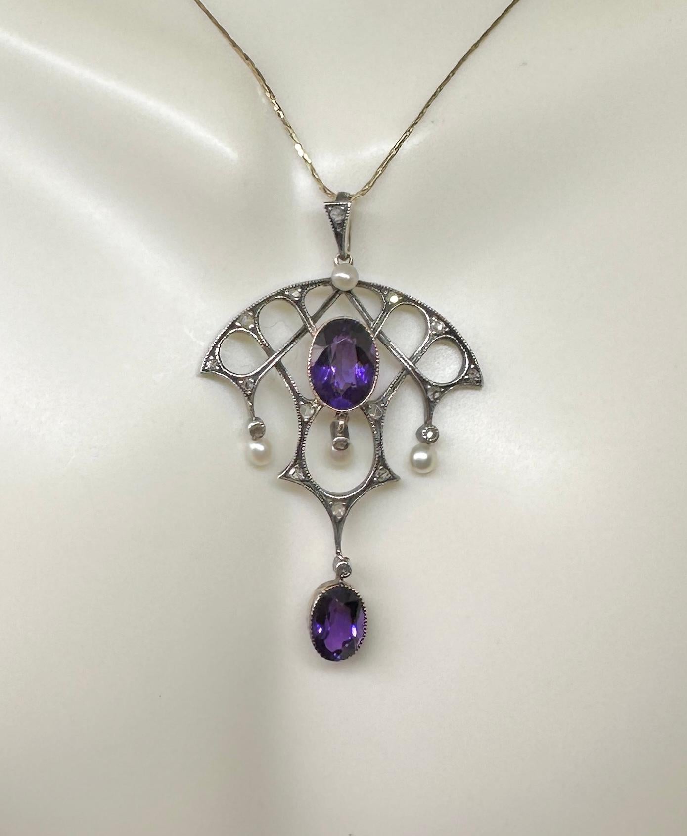 Gilded Age Siberian Amethyst Rose Cut Diamond Pearl Pendant Necklace Pink Gold For Sale 5