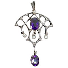 Gilded Age Siberian Amethyst Rose Cut Diamond Pearl Pendant Necklace Pink Gold