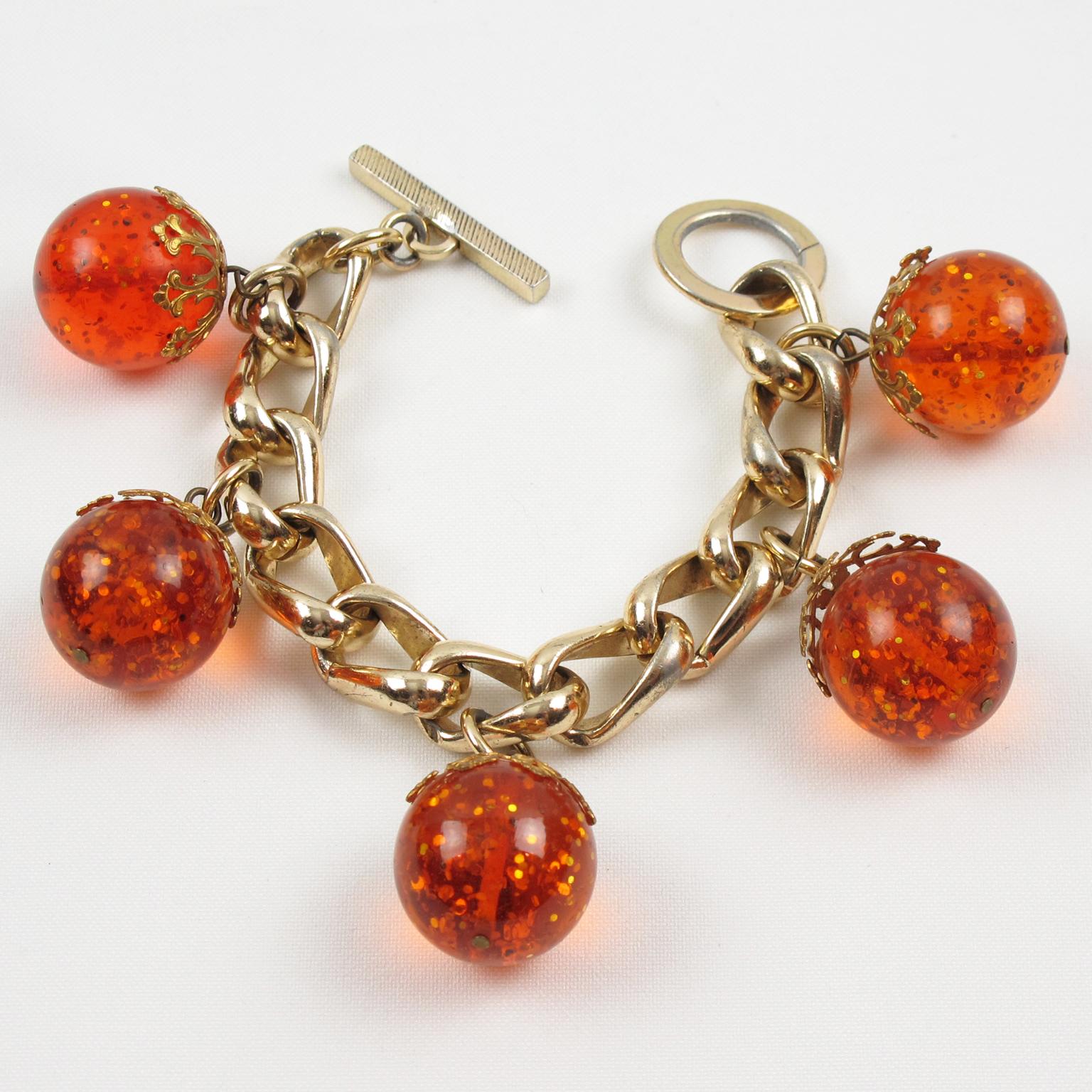 Gilded Aluminum and Prystal Orangeade Bakelite Beads Charm Bracelet For Sale 2