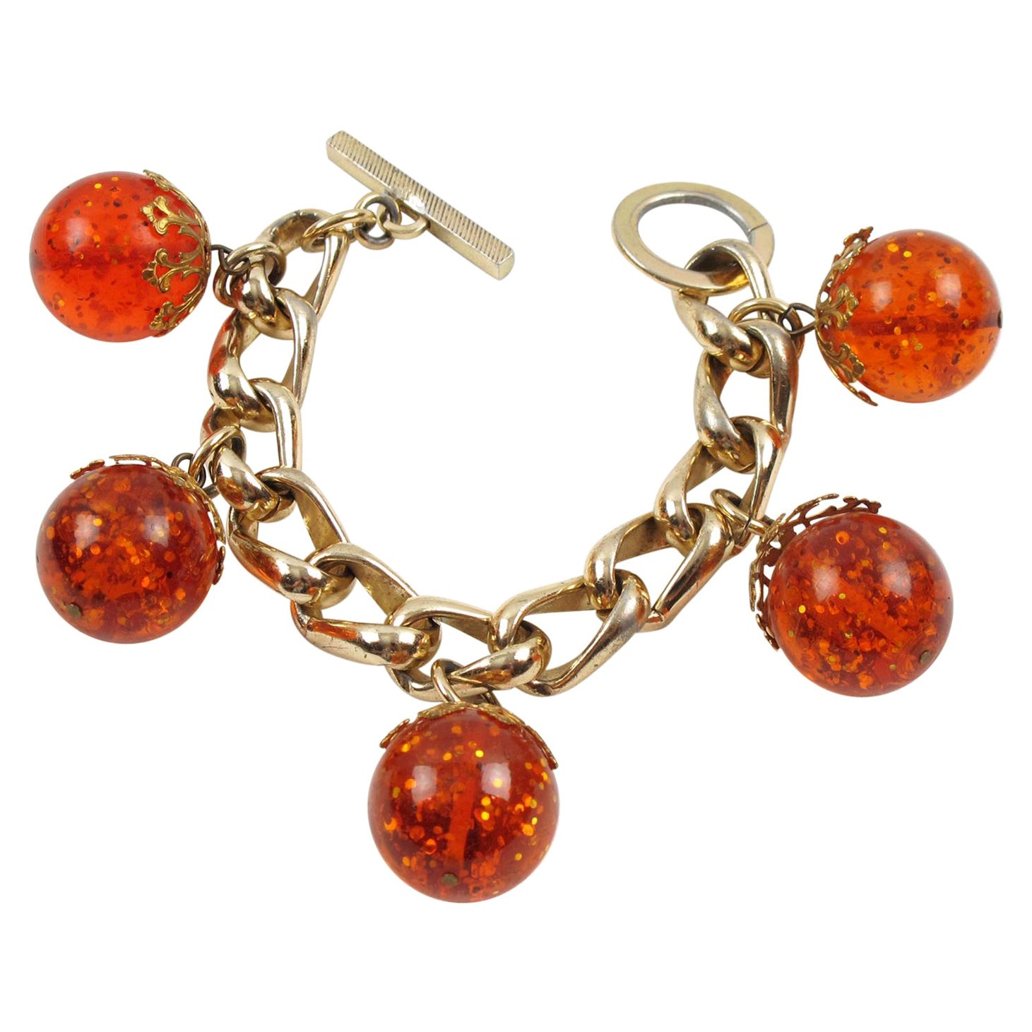 Gilded Aluminum and Prystal Orangeade Bakelite Beads Charm Bracelet For Sale