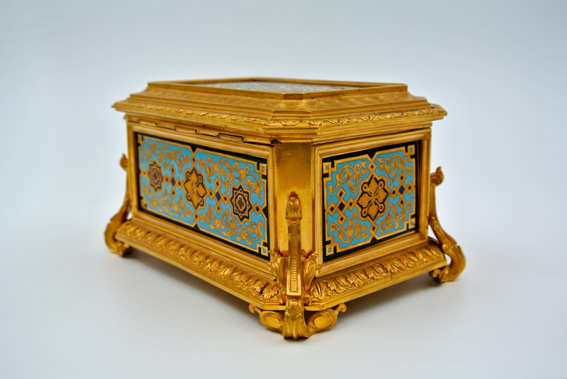 Gilded and Enameled Bronze Box, Velvet Interior, Signed TAHAN 2