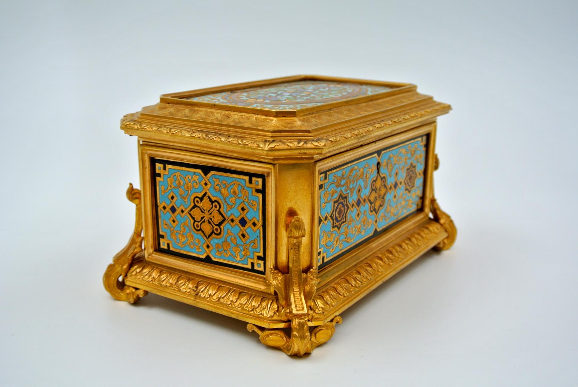 Gilded and Enameled Bronze Box, Velvet Interior, Signed TAHAN 3
